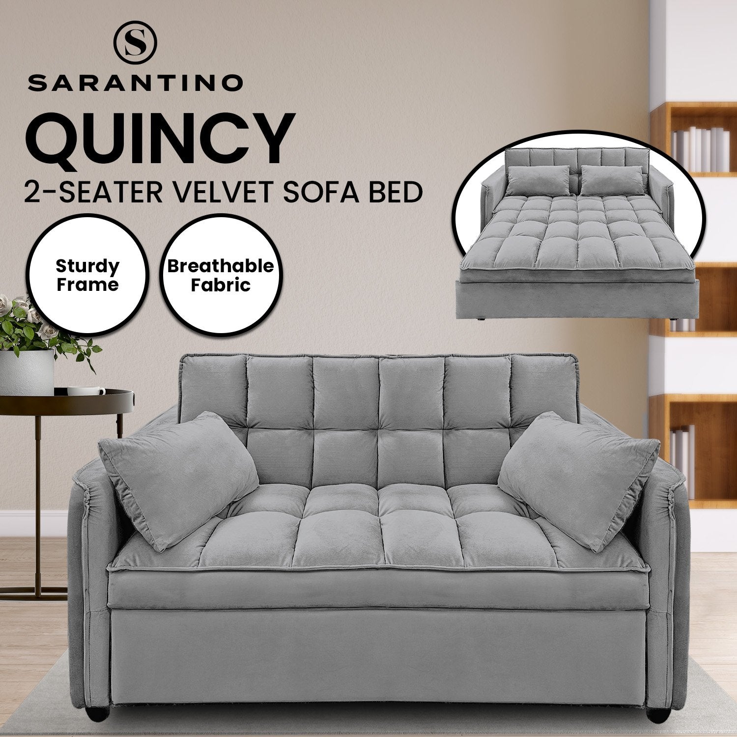 Arm Chairs & Recliners: Sarantino Quincy 2-Seater Velvet Sofa Bed in Dark Grey with Wooden Frame and Tufted Design