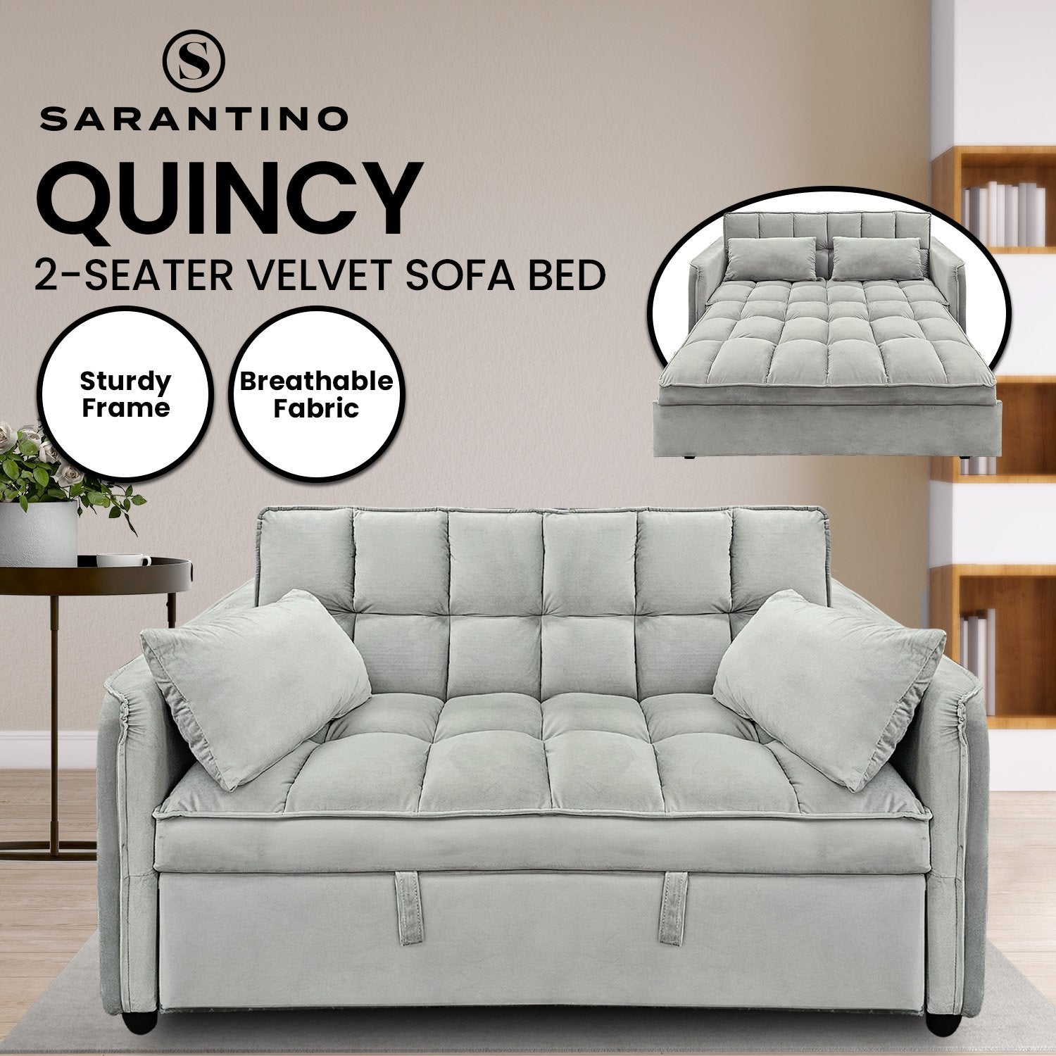 Arm Chairs & Recliners: Sarantino Quincy 2-Seater Velvet Sofa Bed in Light Grey with Wooden Frame and Tufted Design