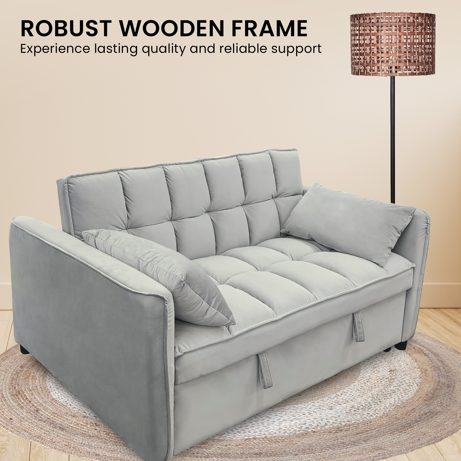 Arm Chairs & Recliners: Sarantino Quincy 2-Seater Velvet Sofa Bed in Light Grey with Wooden Frame and Tufted Design