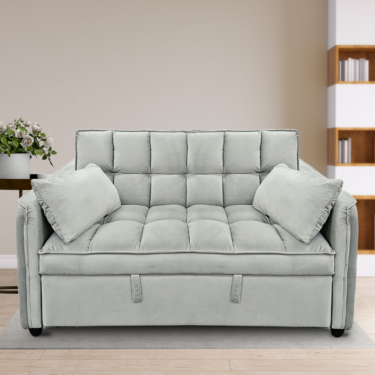 Arm Chairs & Recliners: Sarantino Quincy 2-Seater Velvet Sofa Bed in Light Grey with Wooden Frame and Tufted Design