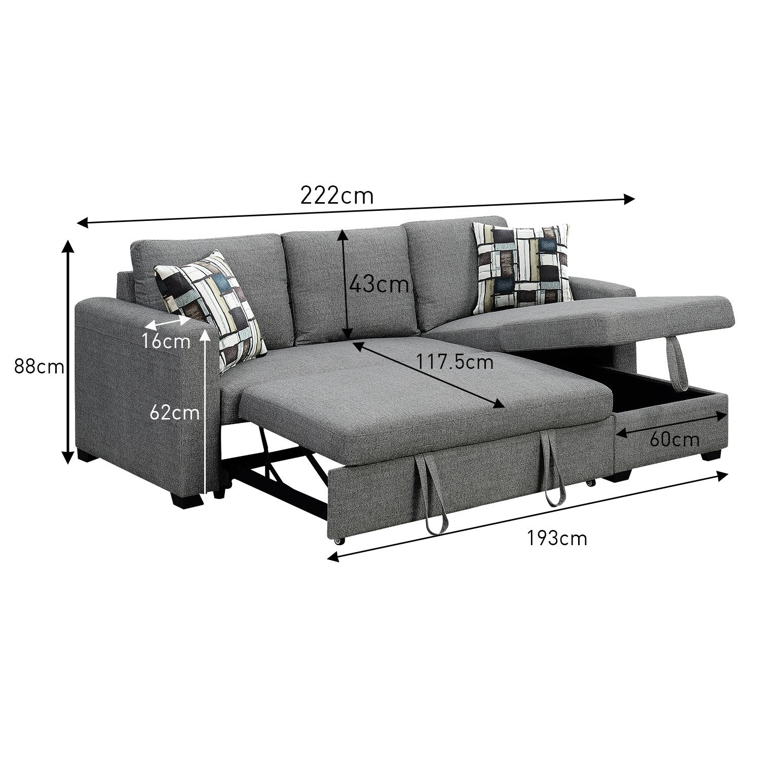 Arm Chairs & Recliners: Sarantino Fontana Pullout Sofa Bed with Storage Chaise Lounge - Grey