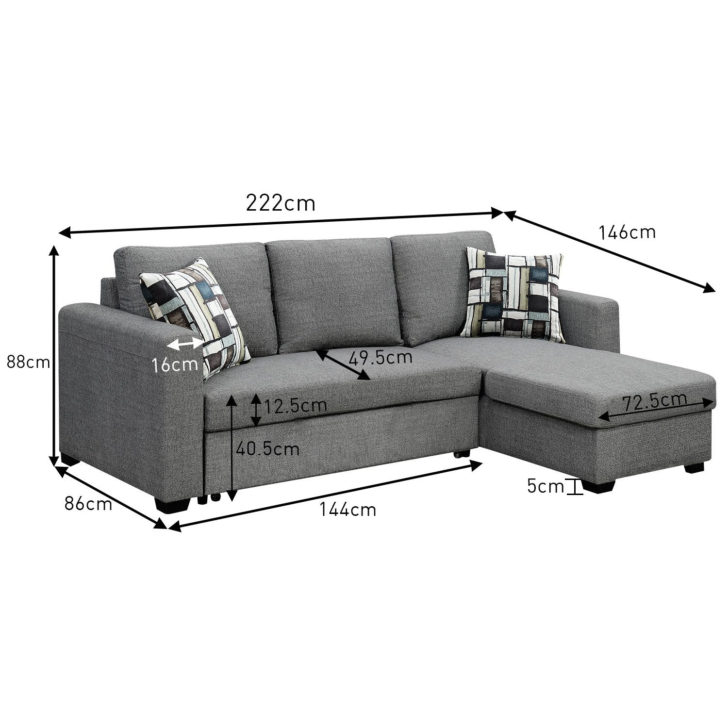 Arm Chairs & Recliners: Sarantino Fontana Pullout Sofa Bed with Storage Chaise Lounge - Grey