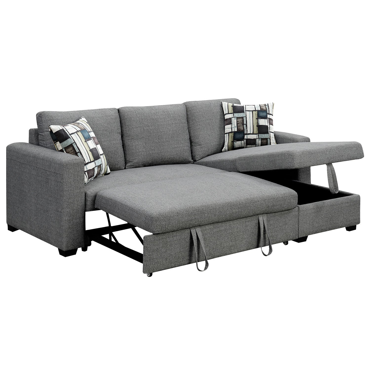 Arm Chairs & Recliners: Sarantino Fontana Pullout Sofa Bed with Storage Chaise Lounge - Grey