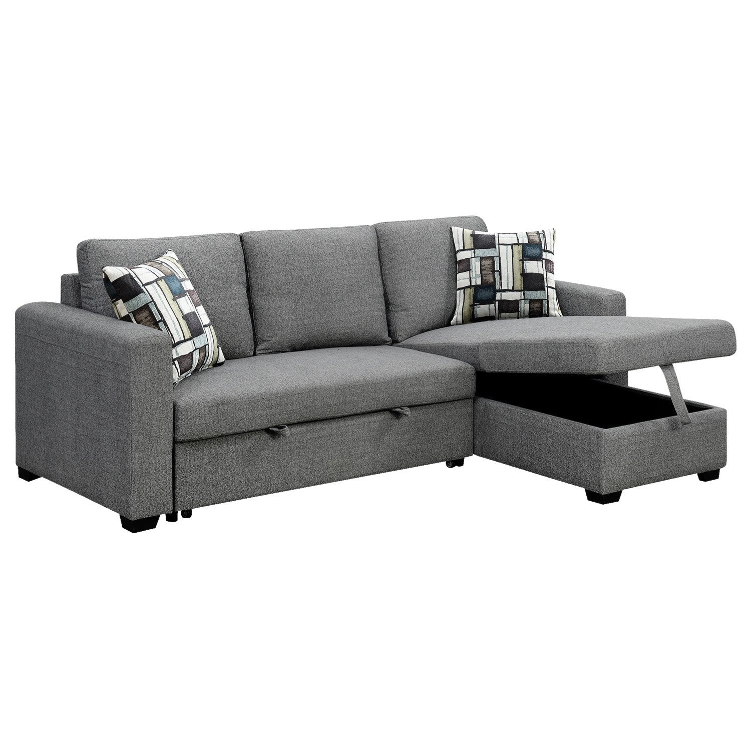 Arm Chairs & Recliners: Sarantino Fontana Pullout Sofa Bed with Storage Chaise Lounge - Grey