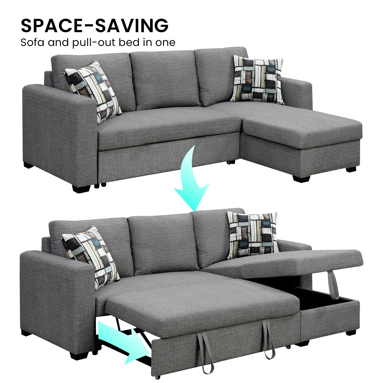 Arm Chairs & Recliners: Sarantino Fontana Pullout Sofa Bed with Storage Chaise Lounge - Grey