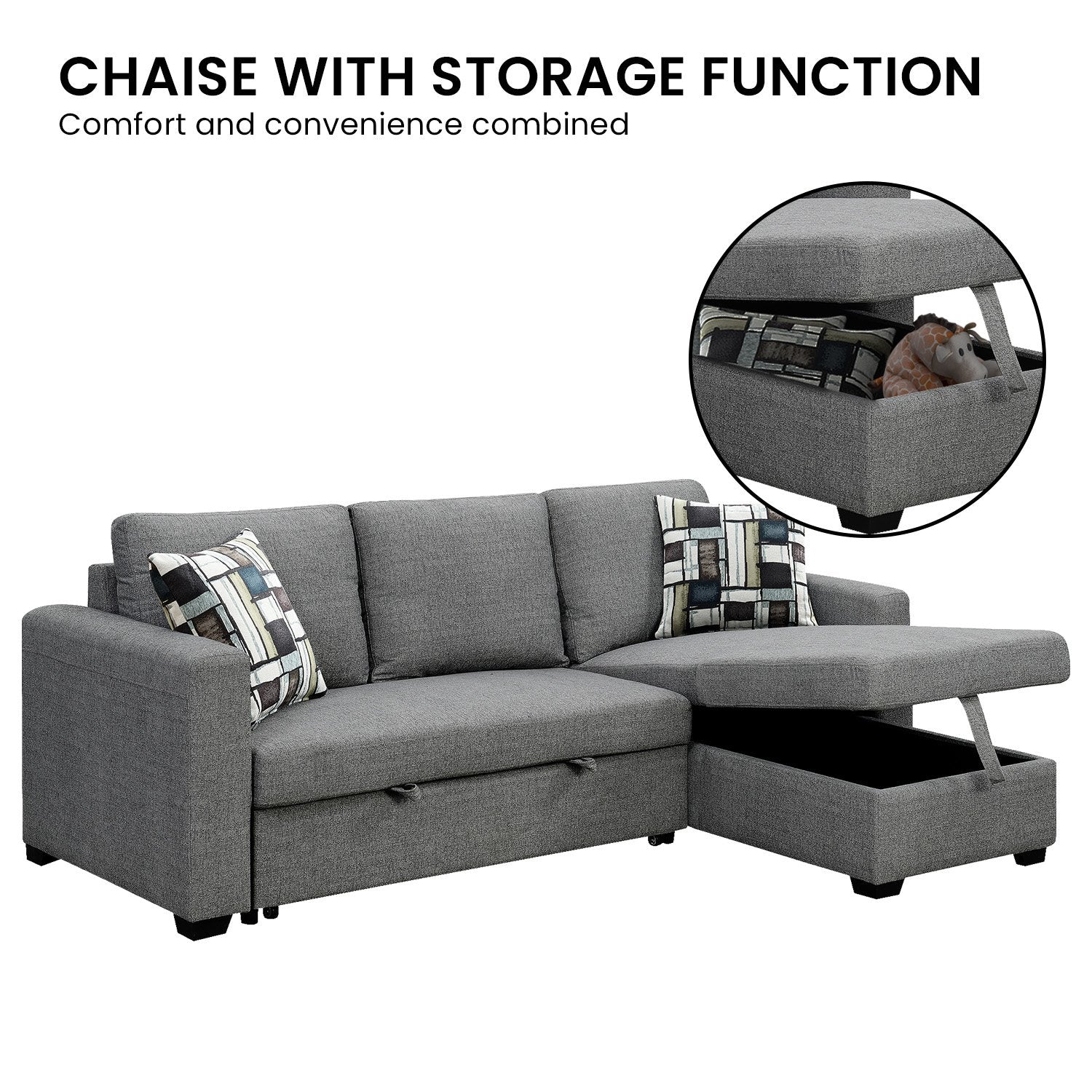 Arm Chairs & Recliners: Sarantino Fontana Pullout Sofa Bed with Storage Chaise Lounge - Grey