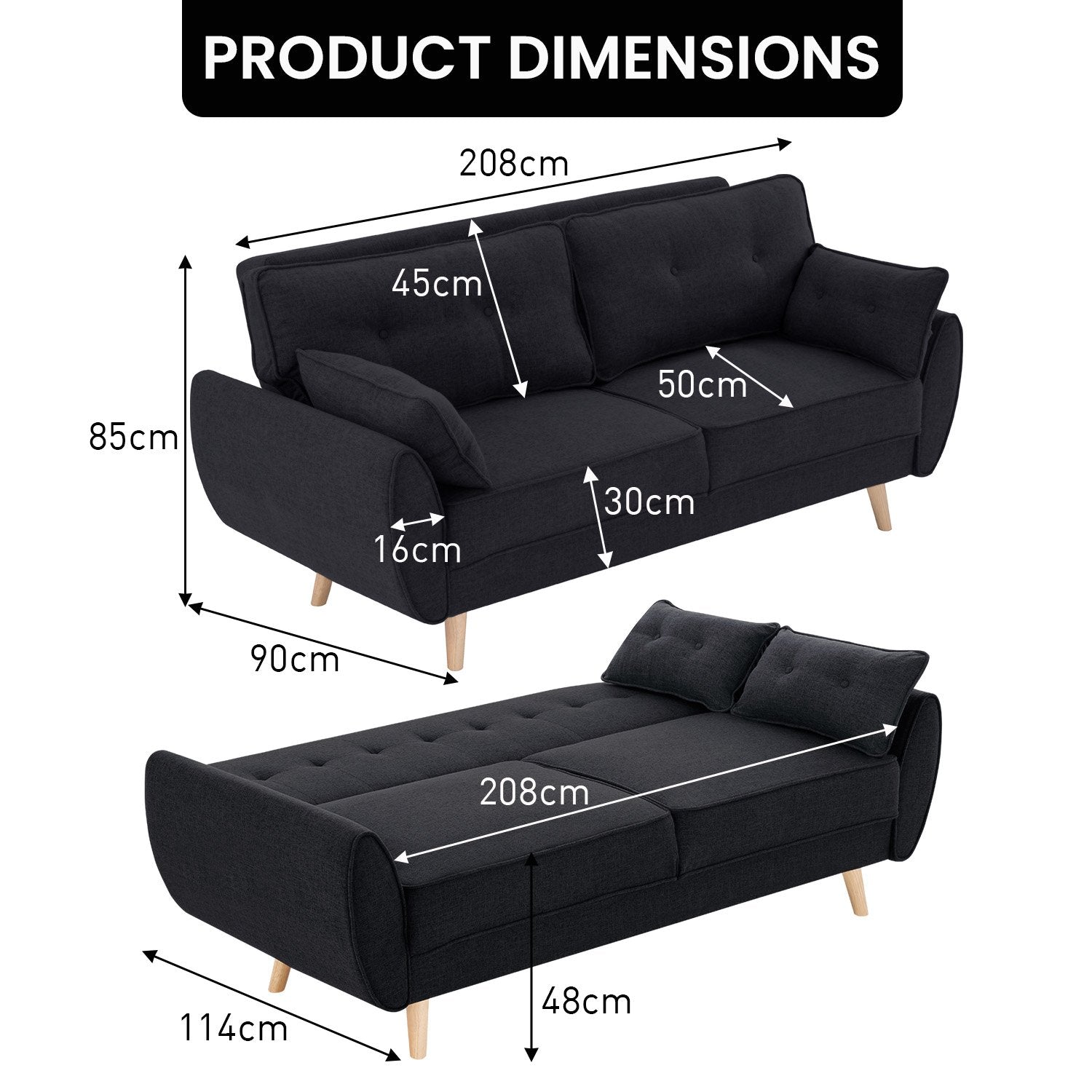 Sofas & Sofa Beds: Sarantino 3 Seater Modular Linen Fabric Sofa Bed Couch Futon Suite - Black