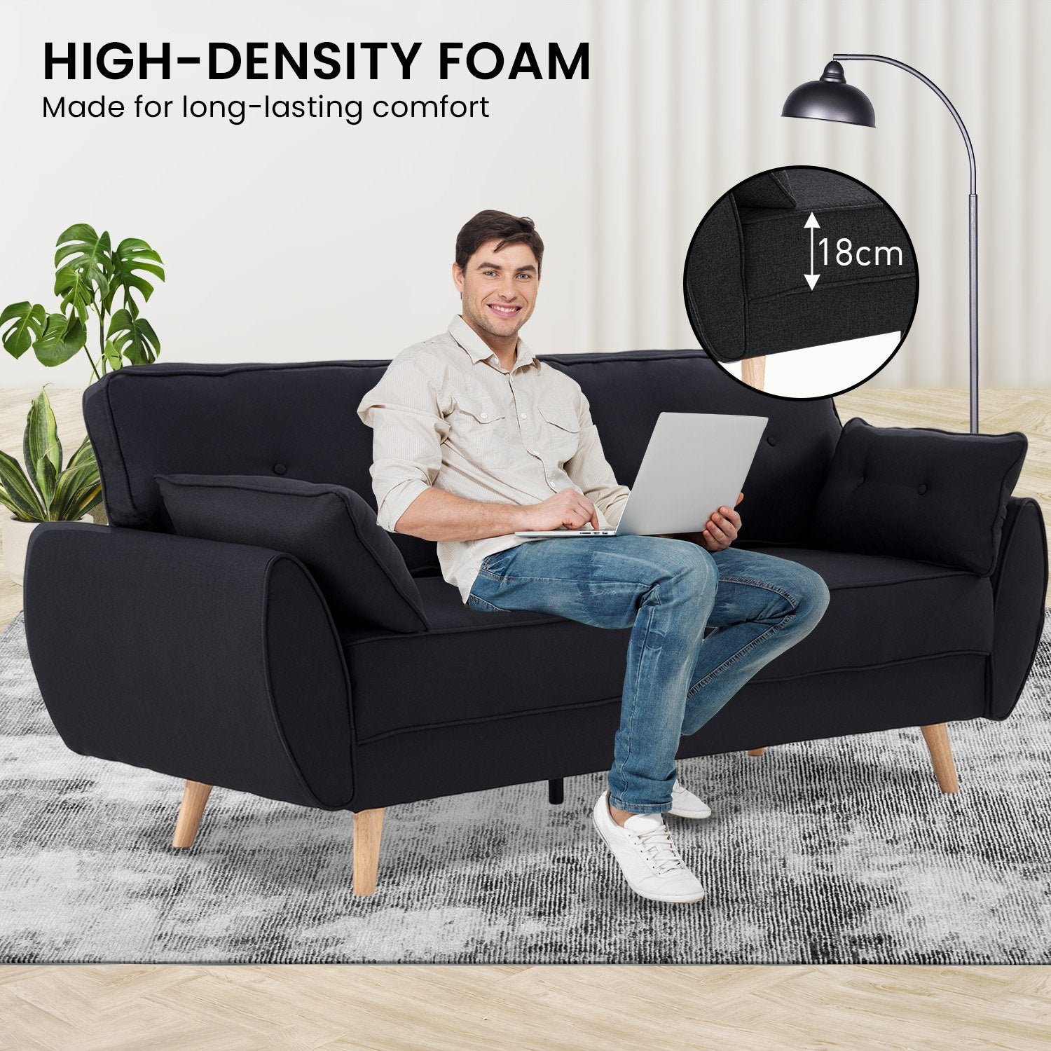 Sofas & Sofa Beds: Sarantino 3 Seater Modular Linen Fabric Sofa Bed Couch Futon Suite - Black