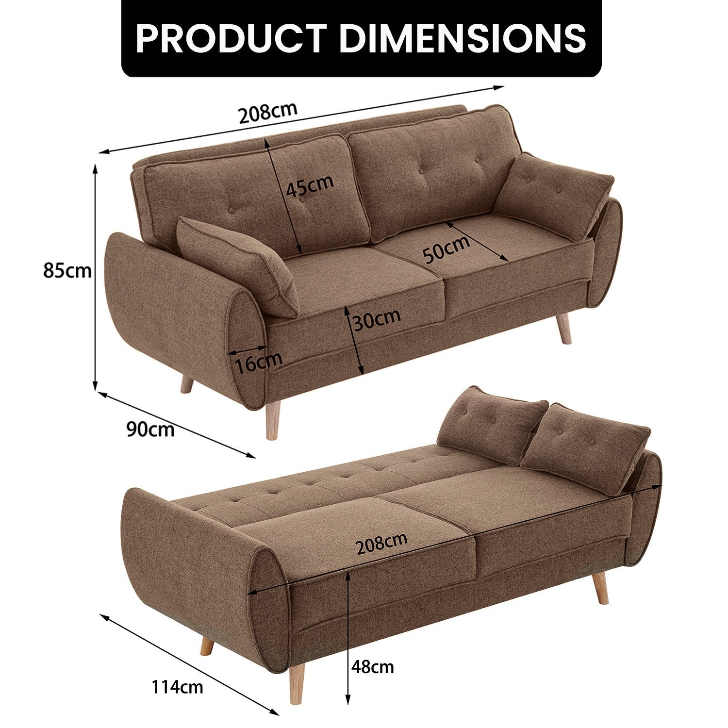 Sofas & Sofa Beds: Sarantino 3 Seater Modular Linen Fabric Sofa Bed Couch Futon Suite - Brown