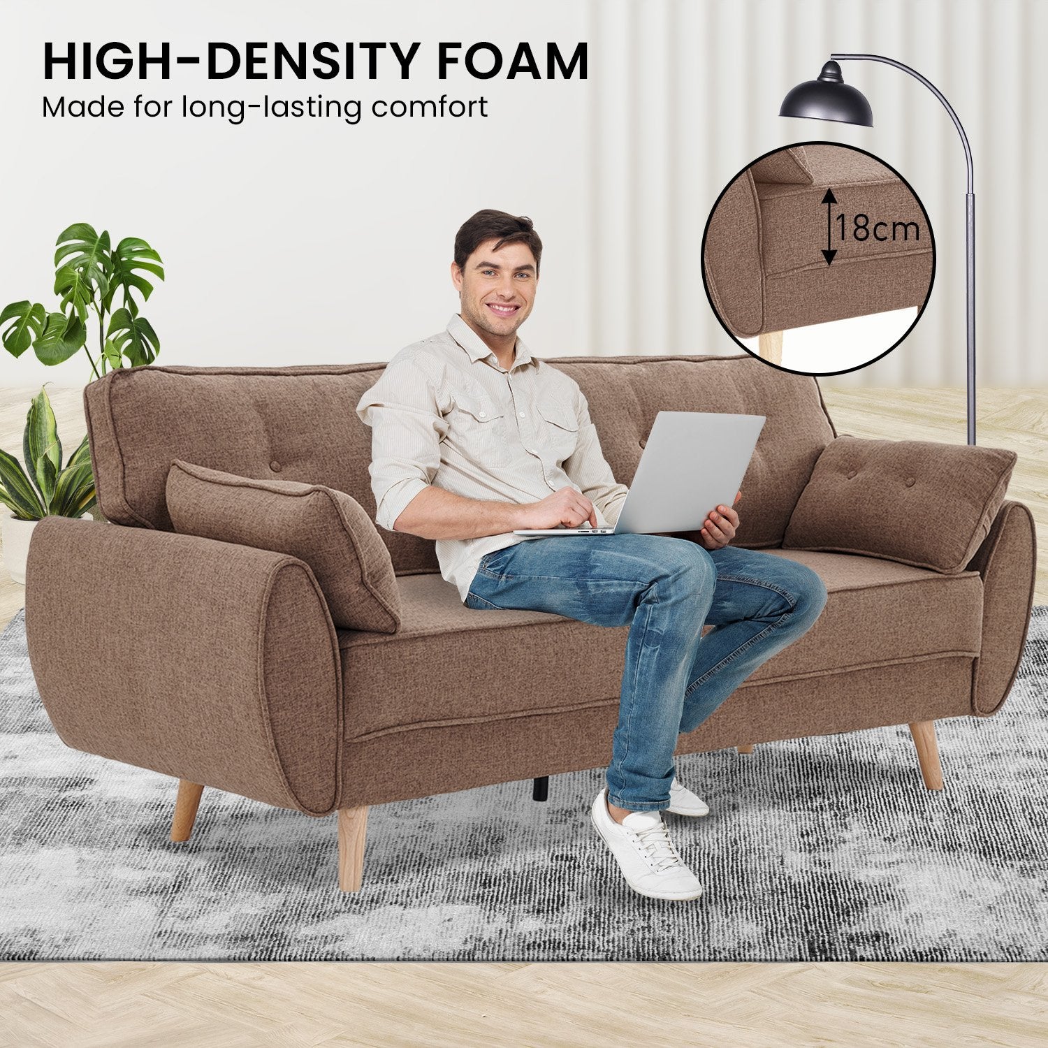 Sofas & Sofa Beds: Sarantino 3 Seater Modular Linen Fabric Sofa Bed Couch Futon Suite - Brown