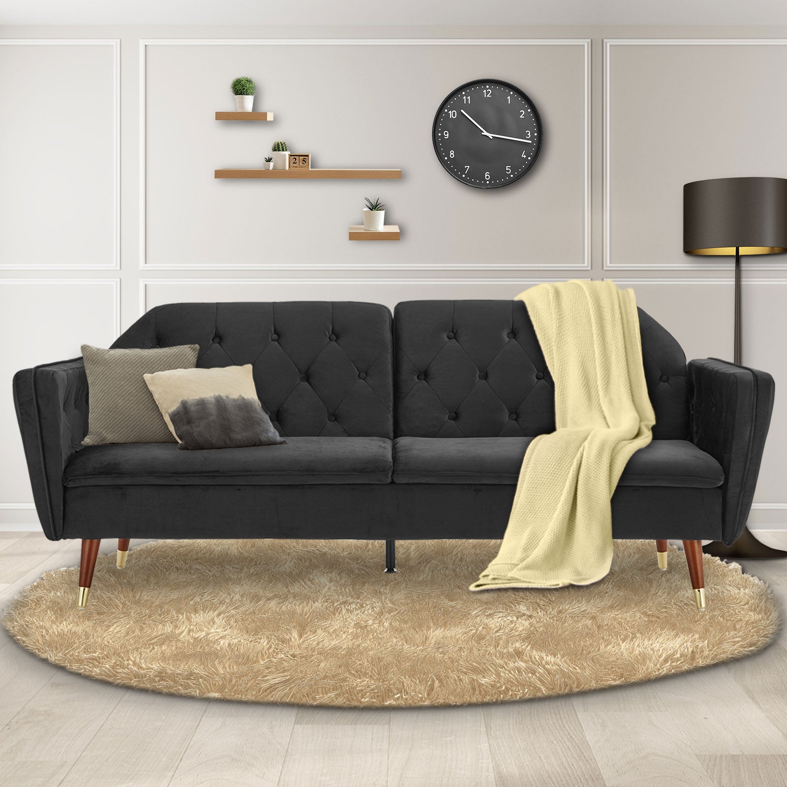 Arm Chairs & Recliners: Sarantino Faux Velvet Tufted Sofa Bed Couch Futon - Black