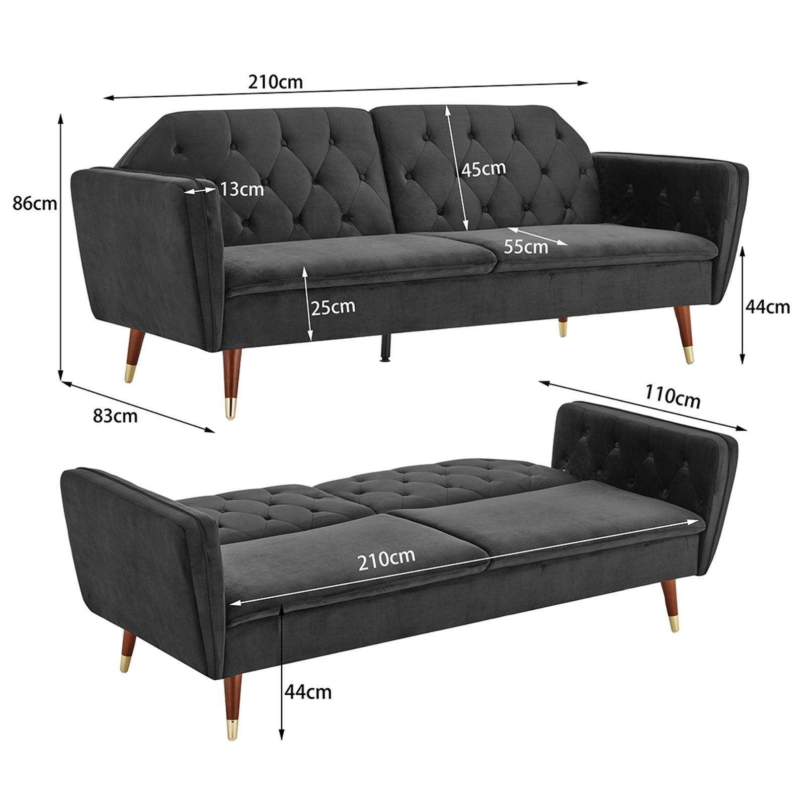 Arm Chairs & Recliners: Sarantino Faux Velvet Tufted Sofa Bed Couch Futon - Black