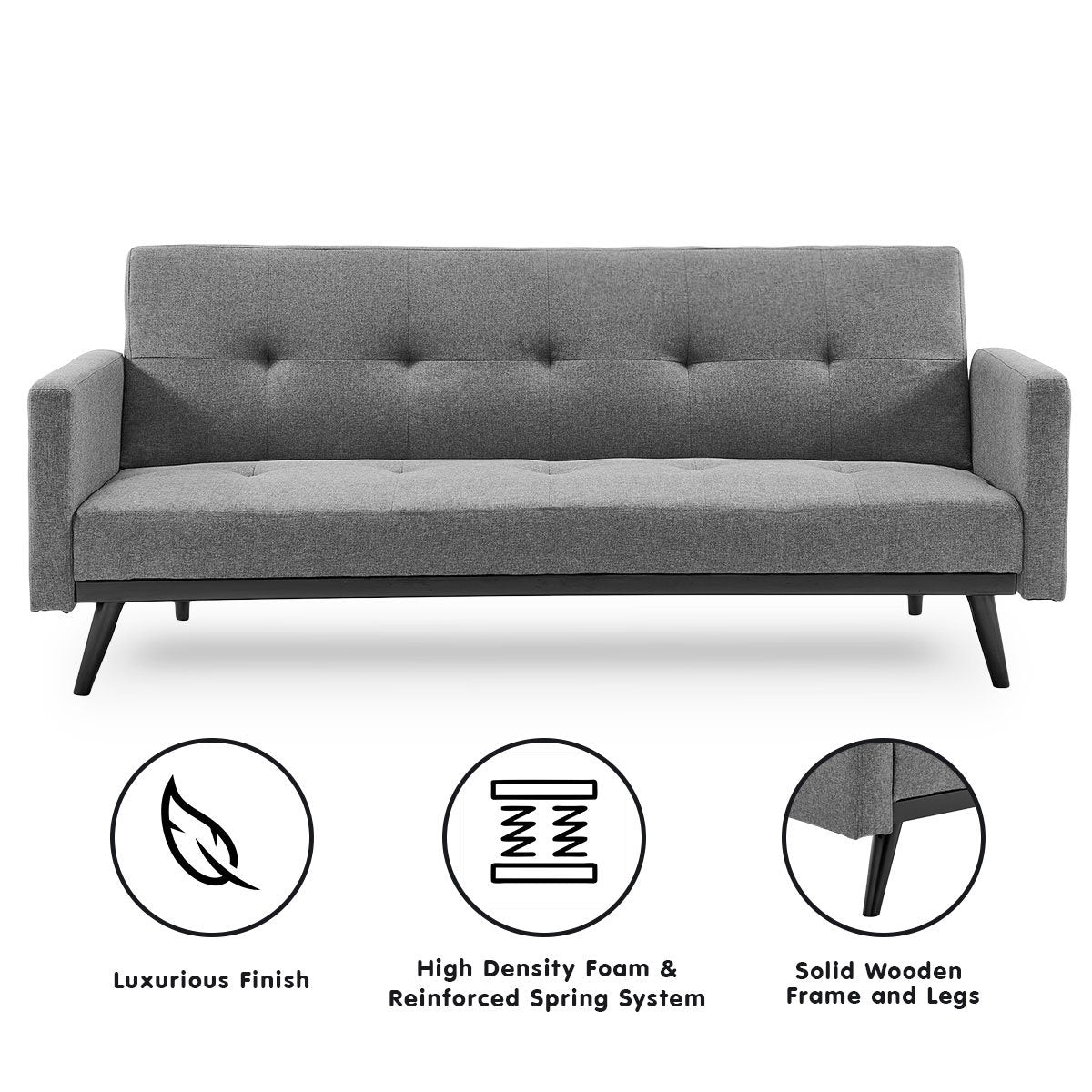 Arm Chairs & Recliners: Sarantino Tufted Faux Linen 3-Seater Sofa Bed with Armrests - Light Grey