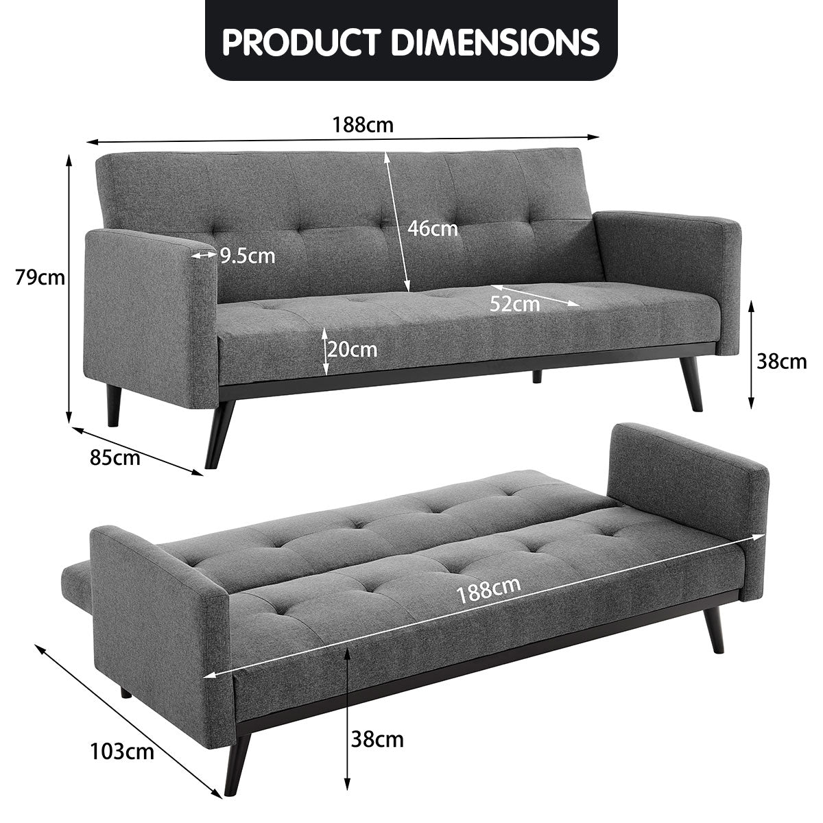Arm Chairs & Recliners: Sarantino Tufted Faux Linen 3-Seater Sofa Bed with Armrests - Light Grey