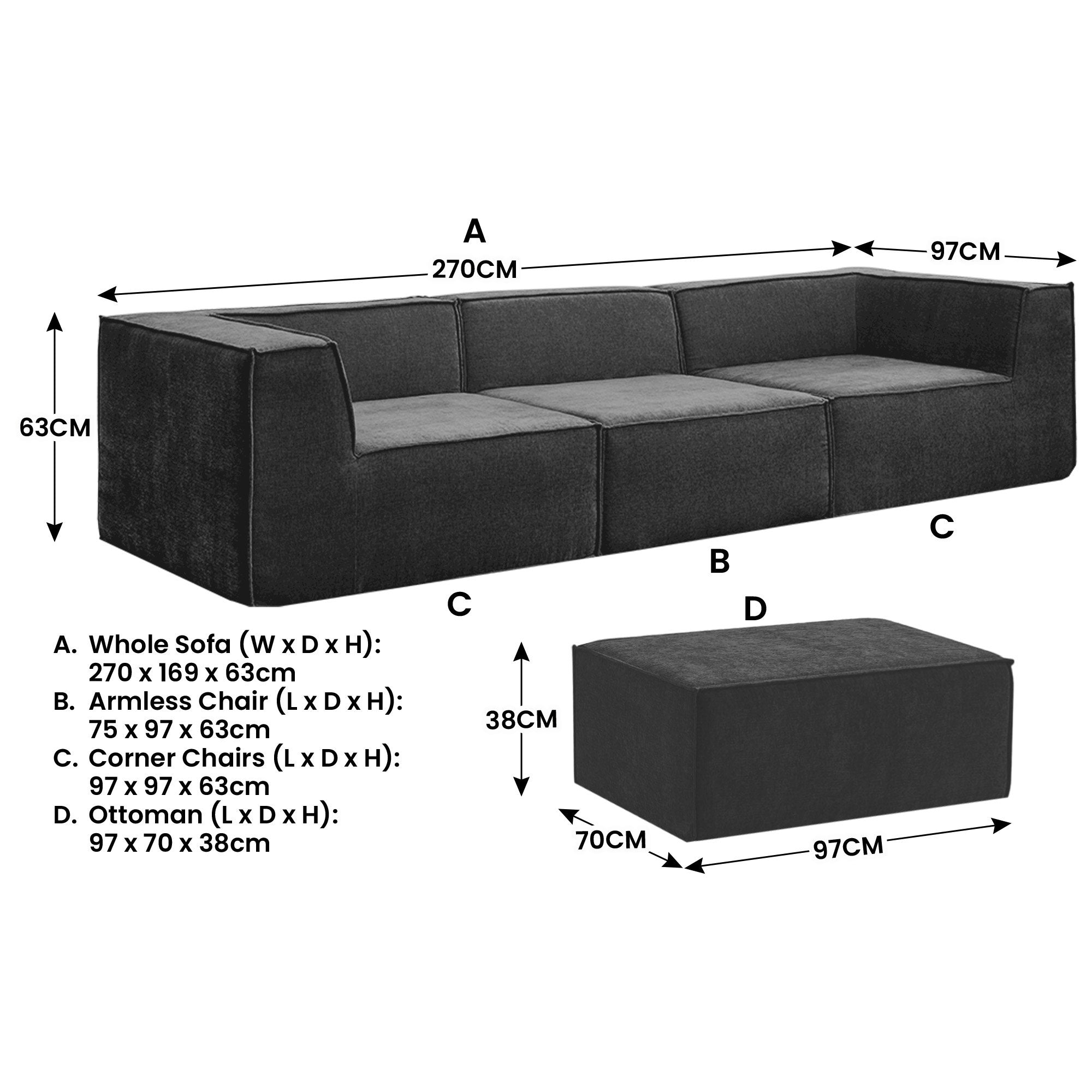 Sofas & Sofa Beds: Sarantino Novi 3-Seater Modular Sofa with Ottoman in Black Non-Slip Bottom Lounge