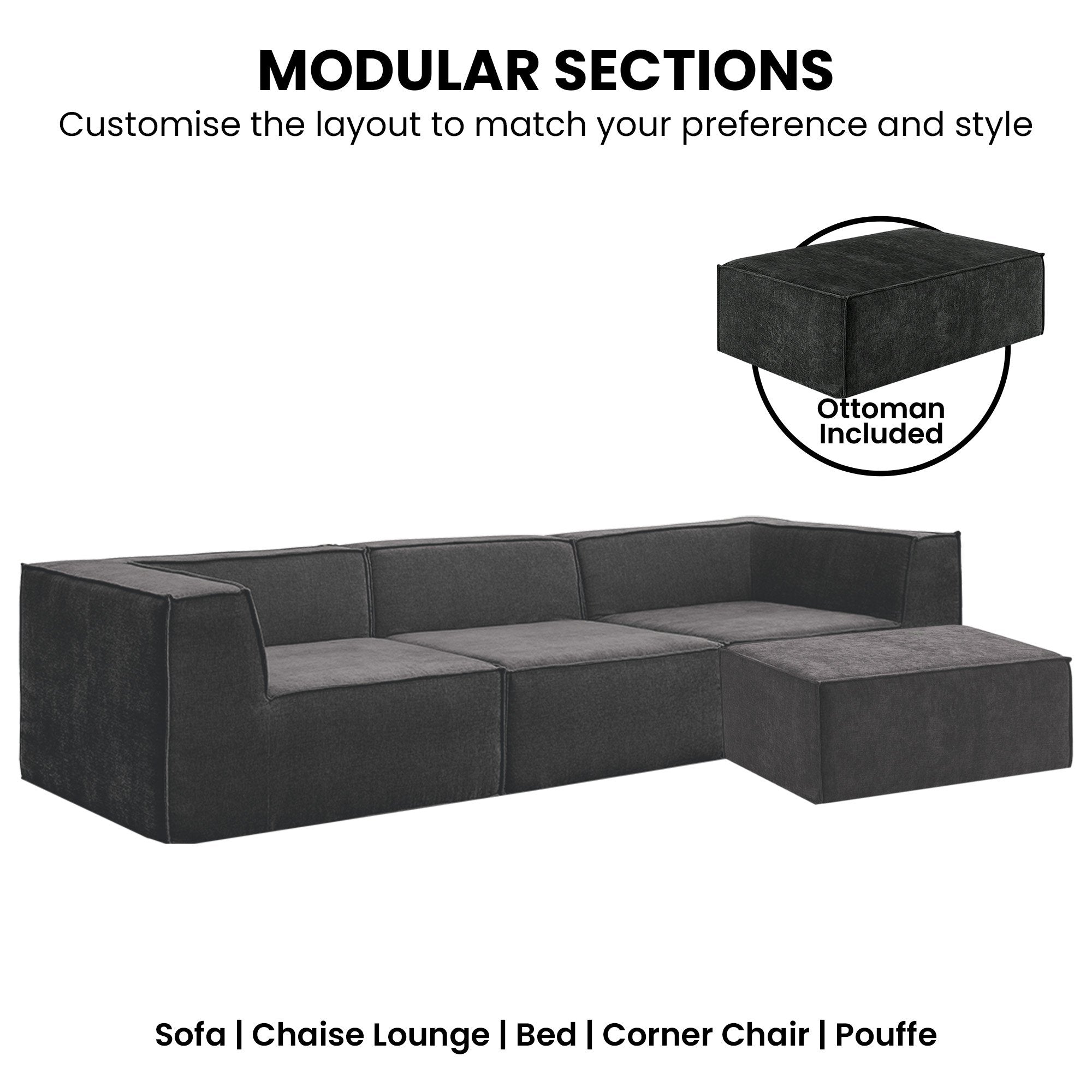 Sofas & Sofa Beds: Sarantino Novi 3-Seater Modular Sofa with Ottoman in Black Non-Slip Bottom Lounge