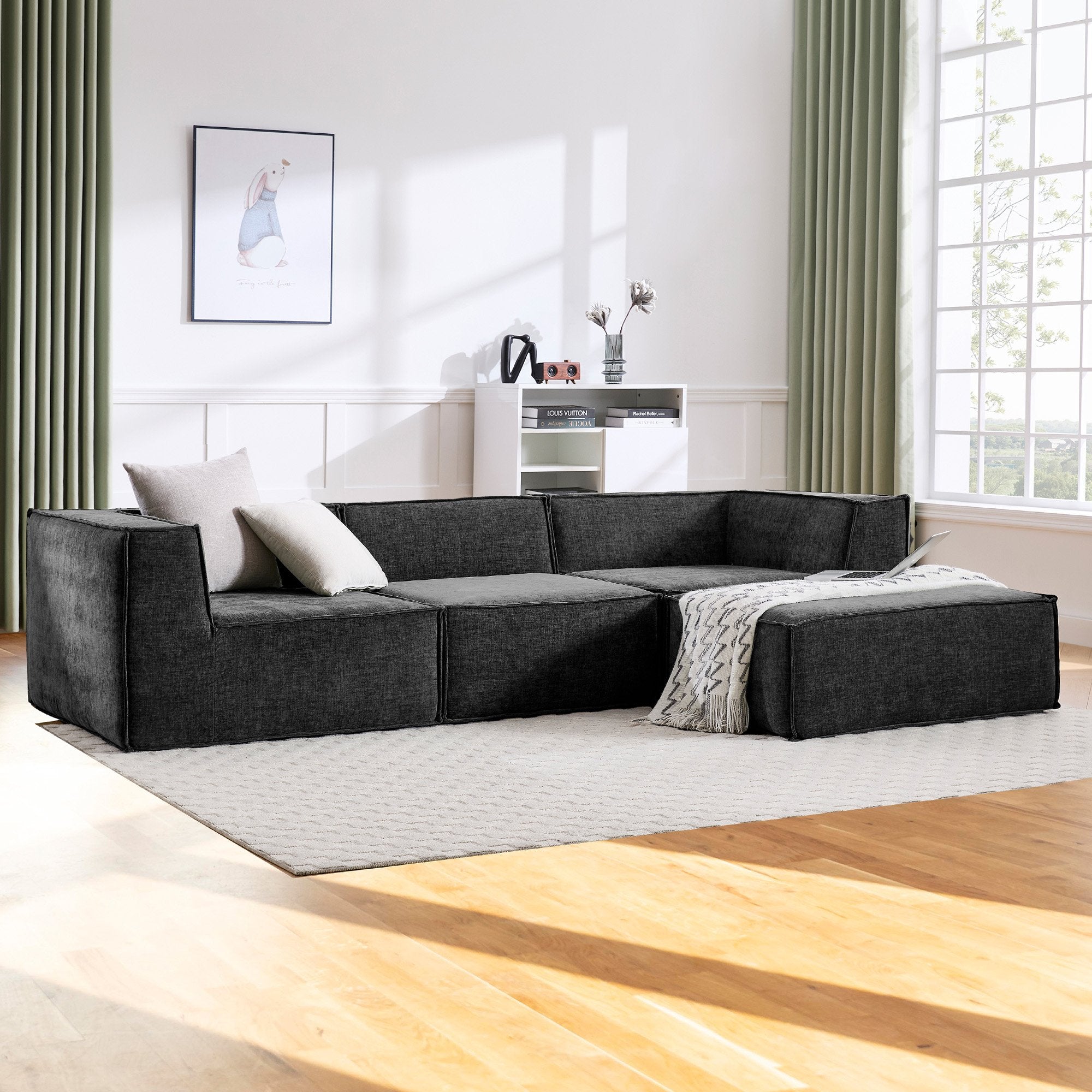 Sofas & Sofa Beds: Sarantino Novi 3-Seater Modular Sofa with Ottoman in Black Non-Slip Bottom Lounge