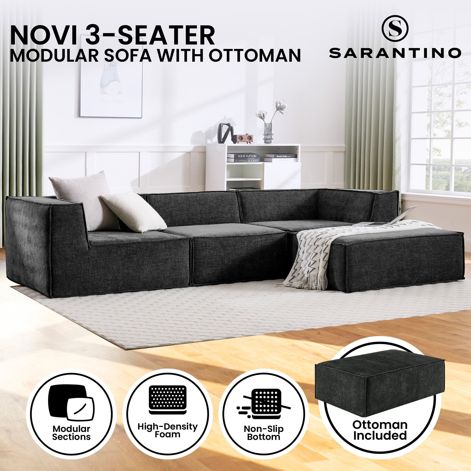 Sofas & Sofa Beds: Sarantino Novi 3-Seater Modular Sofa with Ottoman in Black Non-Slip Bottom Lounge