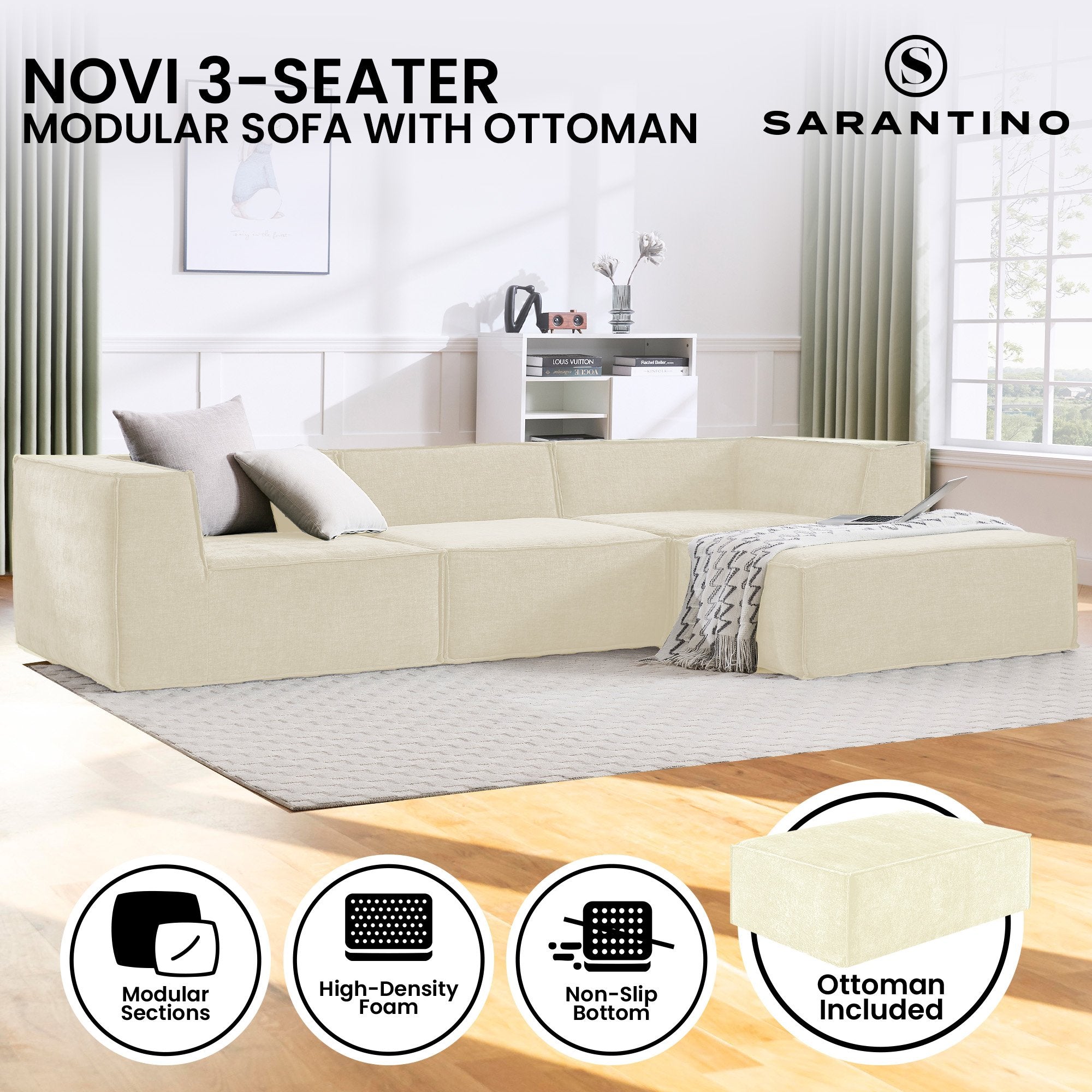 Sofas & Sofa Beds: Sarantino Novi 3-Seater Modular Sofa with Ottoman in Cream Non-Slip Bottom Lounge