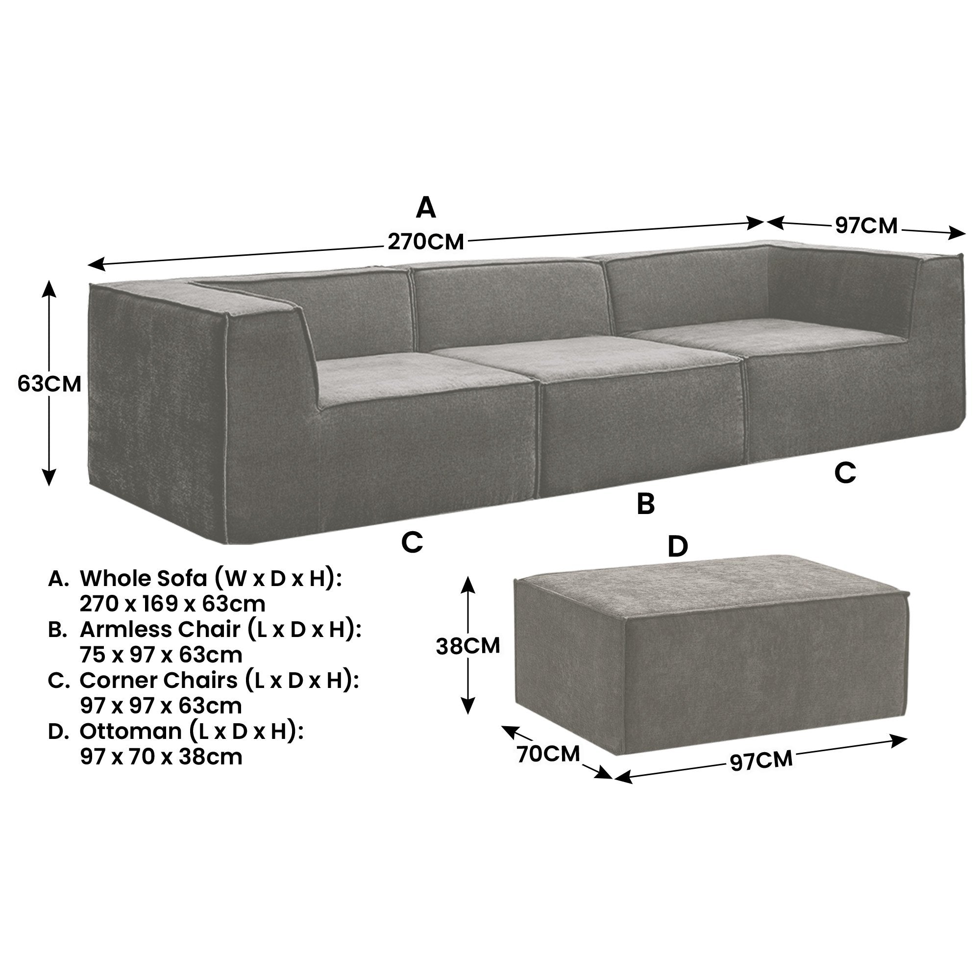 Sofas & Sofa Beds: Sarantino Novi 3-Seater Modular Sofa with Ottoman in Grey Non-Slip Bottom Lounge