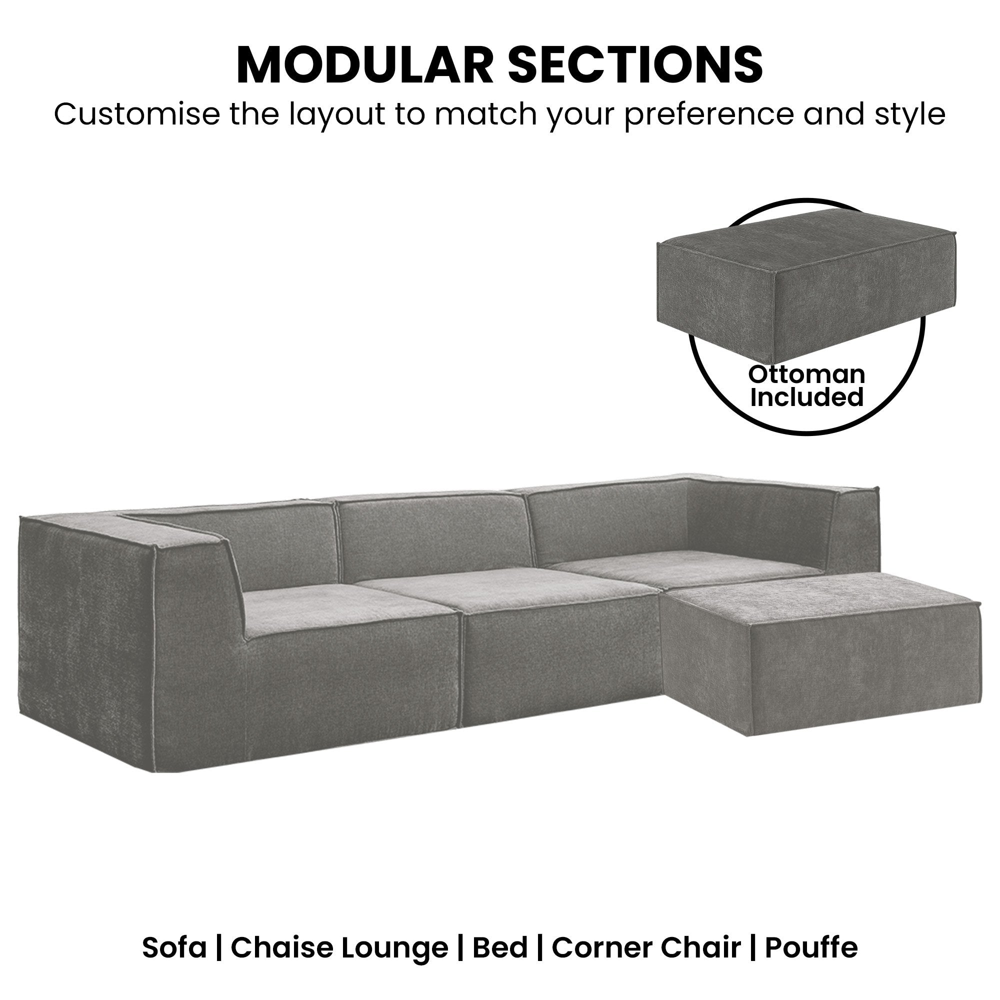 Sofas & Sofa Beds: Sarantino Novi 3-Seater Modular Sofa with Ottoman in Grey Non-Slip Bottom Lounge