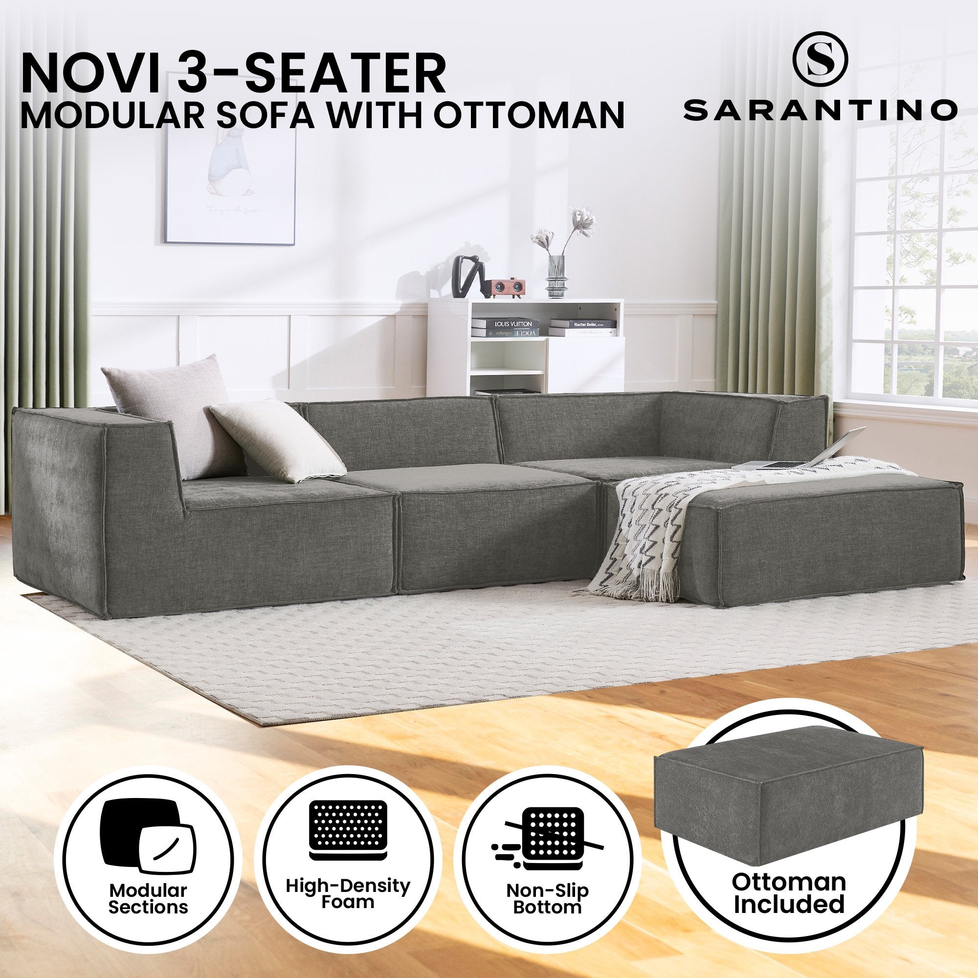 Sofas & Sofa Beds: Sarantino Novi 3-Seater Modular Sofa with Ottoman in Grey Non-Slip Bottom Lounge