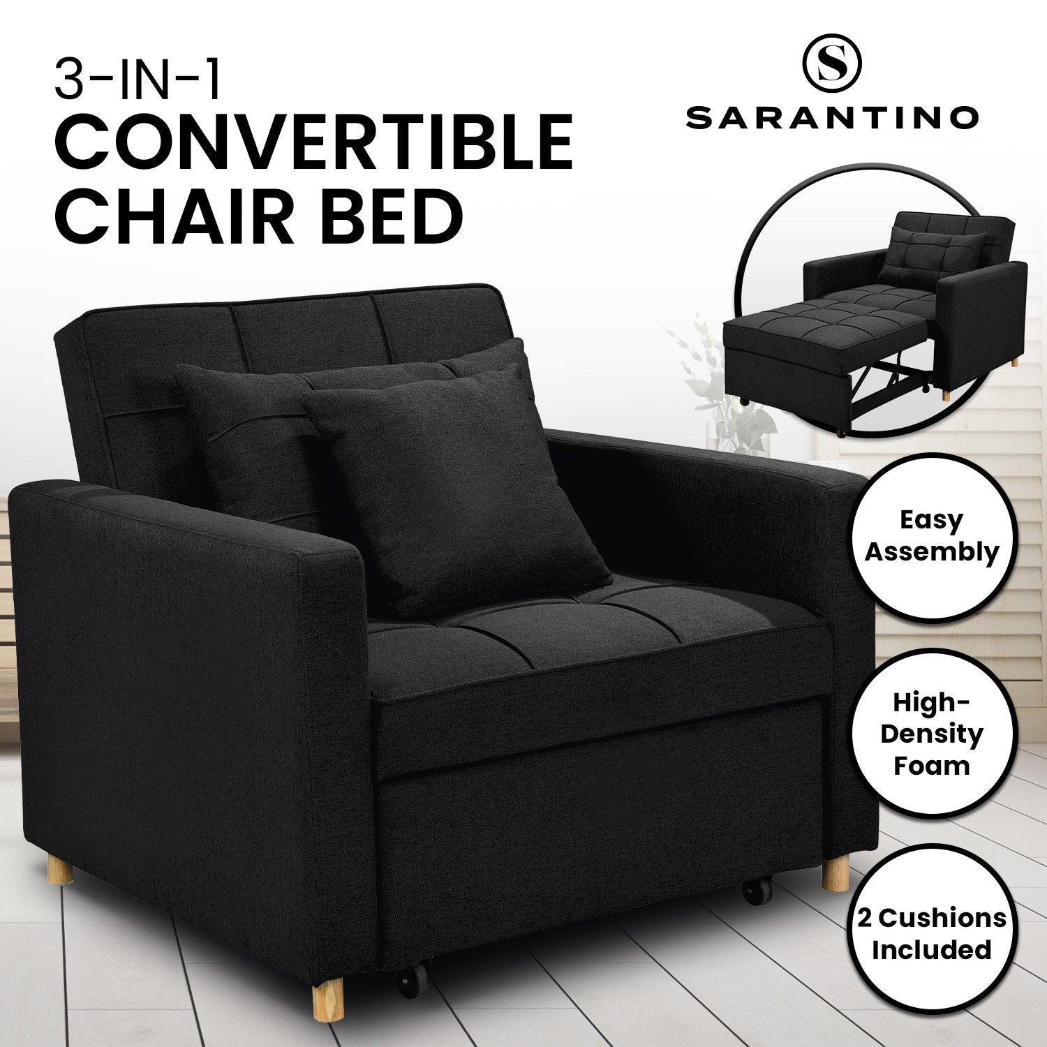 Arm Chairs & Recliners: Sarantino Suri 3-in-1 Convertible Lounge Chair Bed - Black