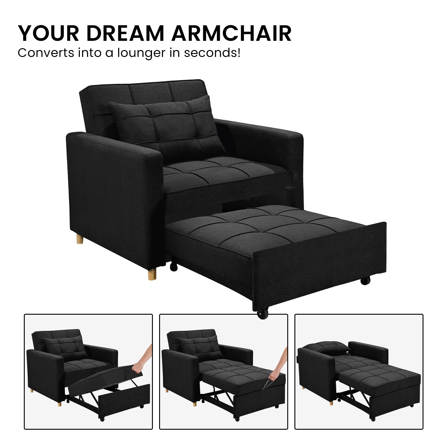 Arm Chairs & Recliners: Sarantino Suri 3-in-1 Convertible Lounge Chair Bed - Black