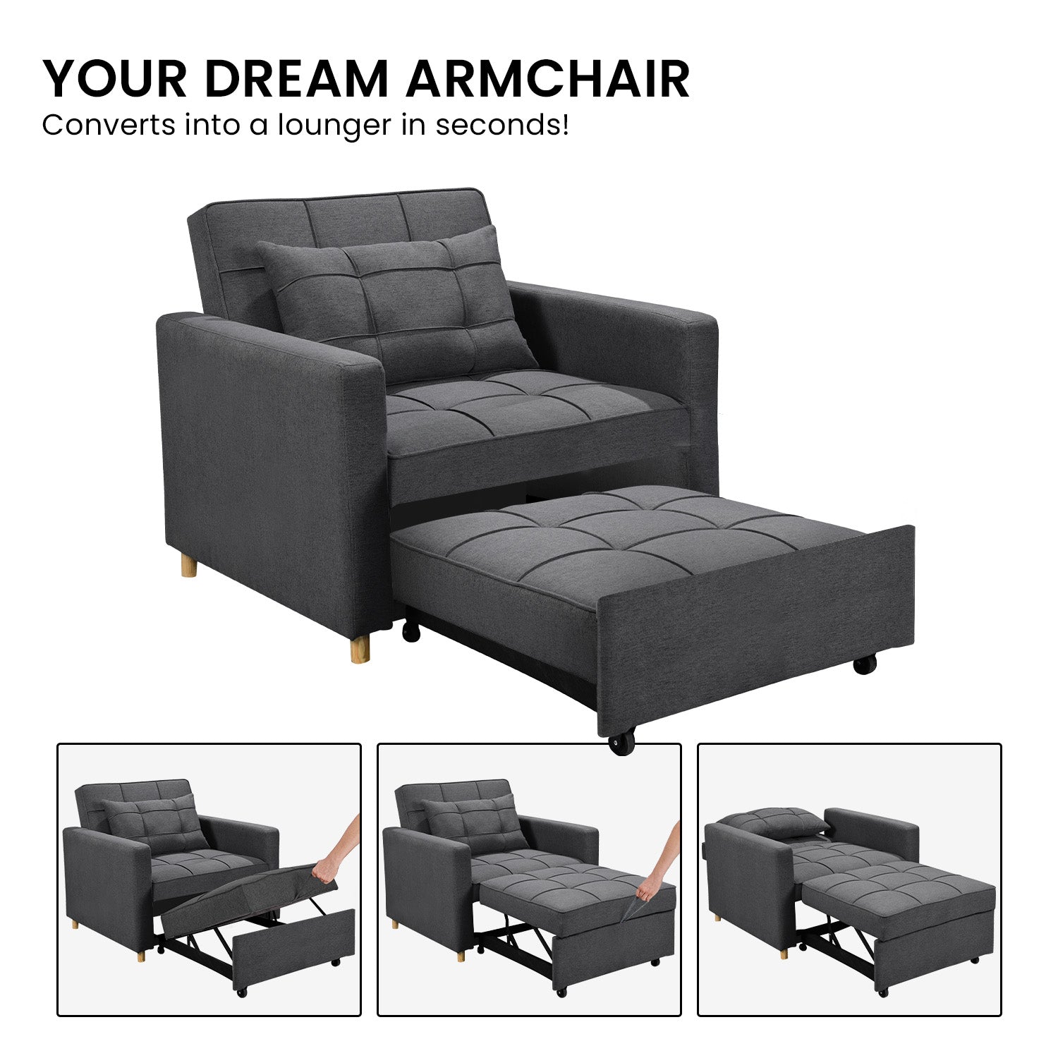 Arm Chairs & Recliners: Sarantino Suri 3-in-1 Convertible Lounge Chair Bed - Dark Grey