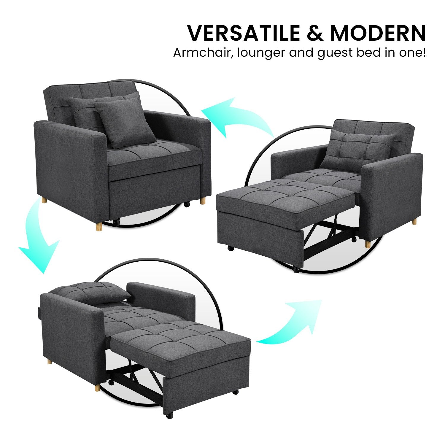Arm Chairs & Recliners: Sarantino Suri 3-in-1 Convertible Lounge Chair Bed - Dark Grey