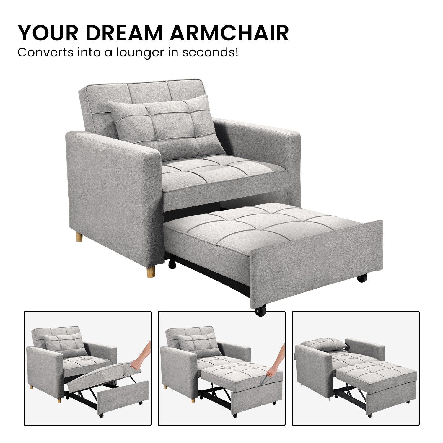 Arm Chairs & Recliners: Sarantino Suri 3-in-1 Convertible Sofa Chair Bed Lounger - Light Grey