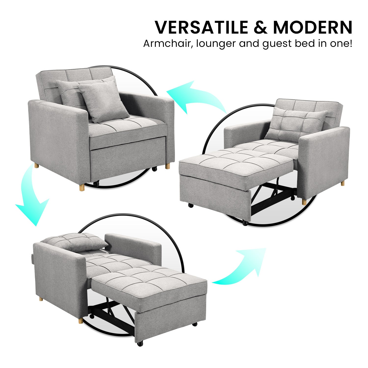 Arm Chairs & Recliners: Sarantino Suri 3-in-1 Convertible Sofa Chair Bed Lounger - Light Grey