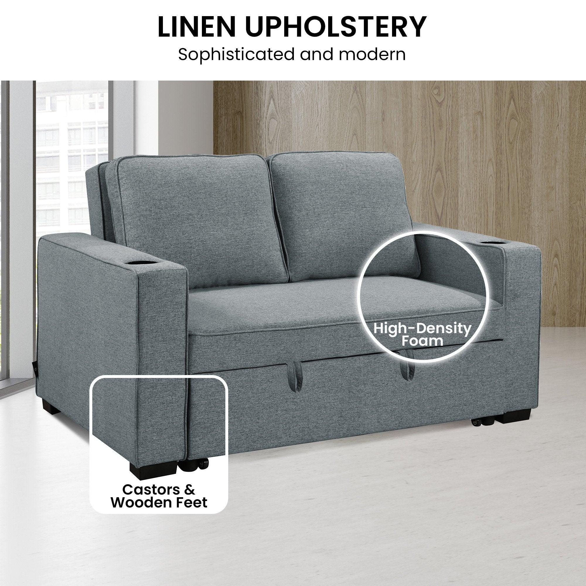 Arm Chairs & Recliners: Sarantino Hoffman Linen Sofa Bed with Cushions & Cup Holders Airforce Blue