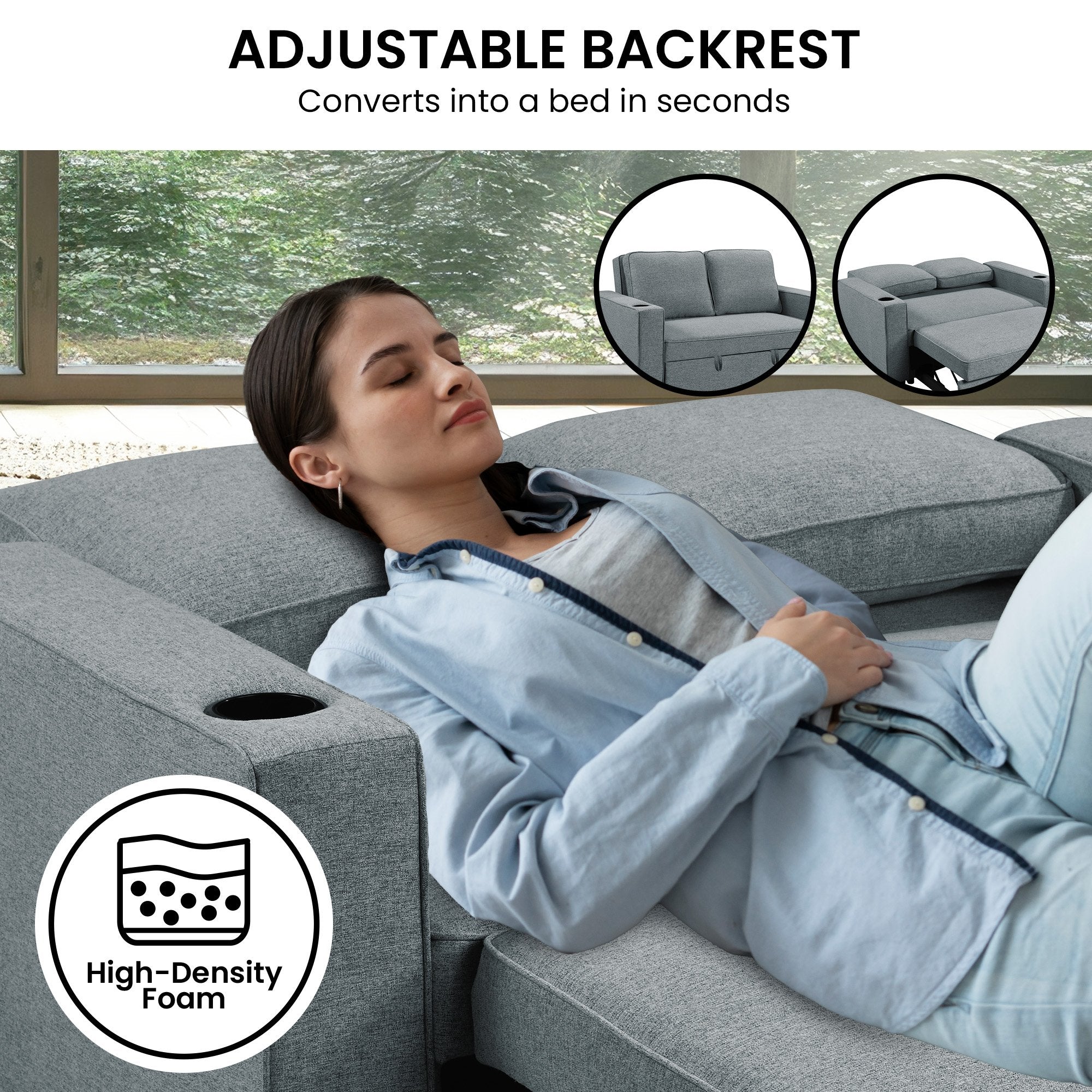 Arm Chairs & Recliners: Sarantino Hoffman Linen Sofa Bed with Cushions & Cup Holders Airforce Blue