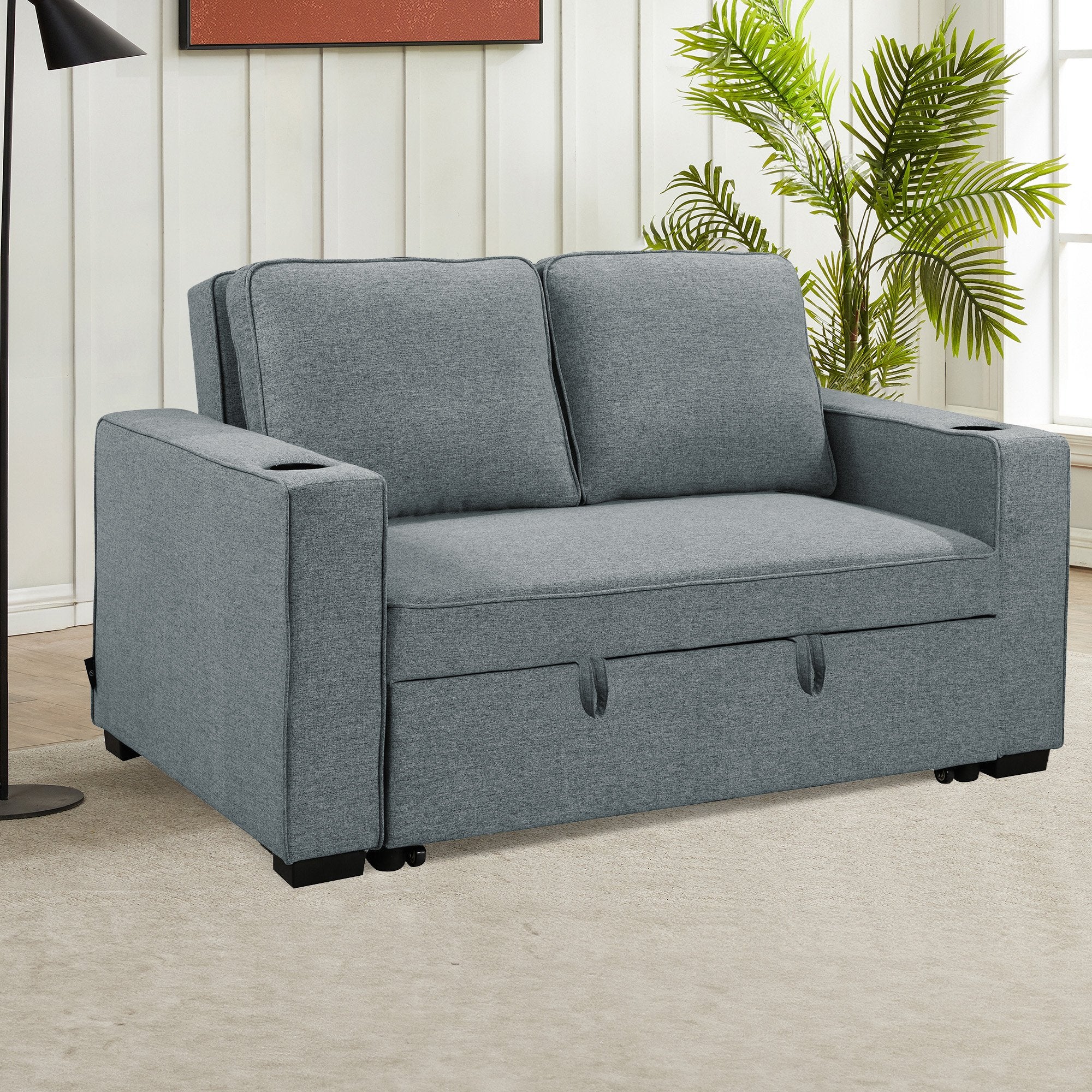 Arm Chairs & Recliners: Sarantino Hoffman Linen Sofa Bed with Cushions & Cup Holders Airforce Blue