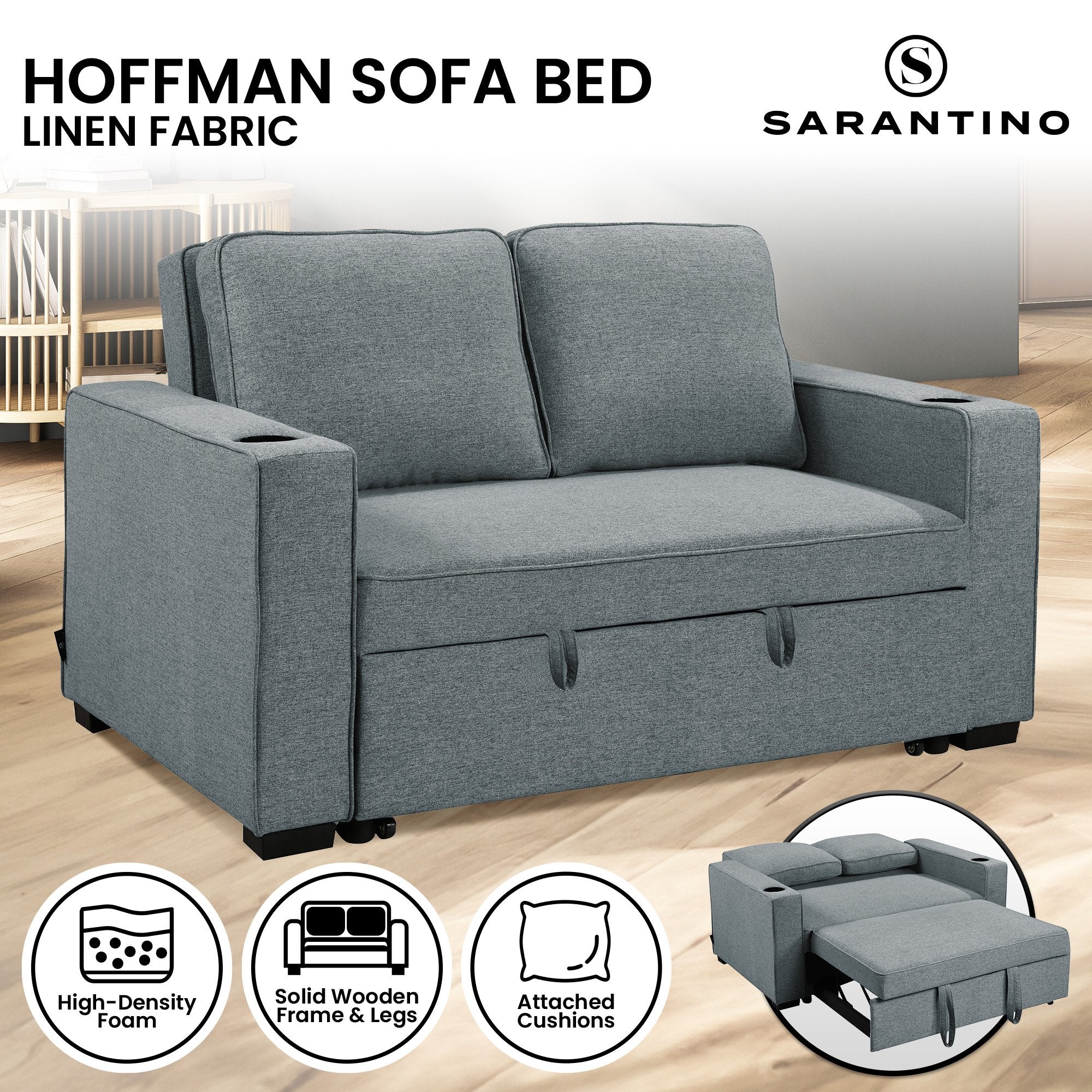 Arm Chairs & Recliners: Sarantino Hoffman Linen Sofa Bed with Cushions & Cup Holders Airforce Blue