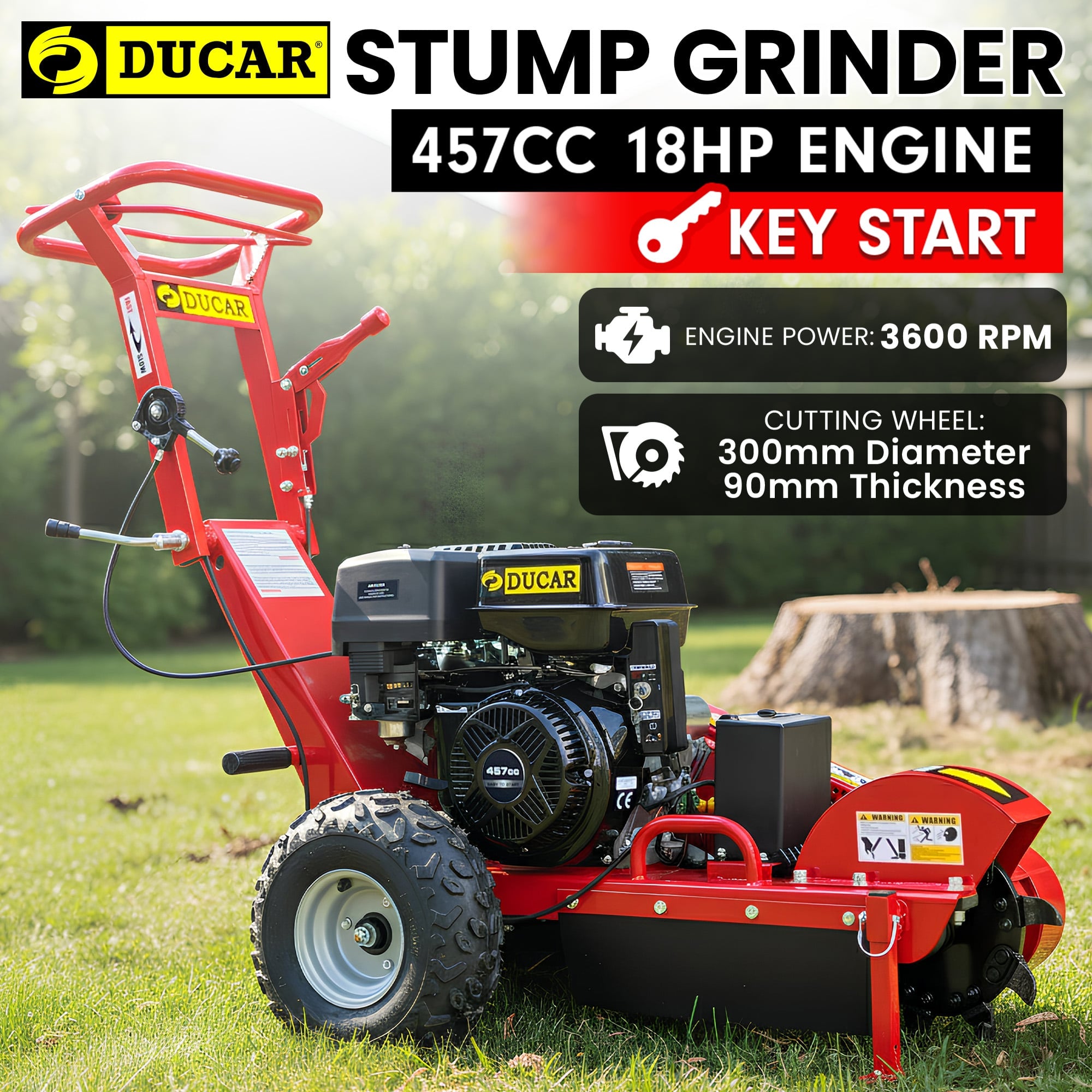 Ducar Stump Grinder 457cc 18HP Petrol Engine with Key Start & Tungsten Carbide Teeth