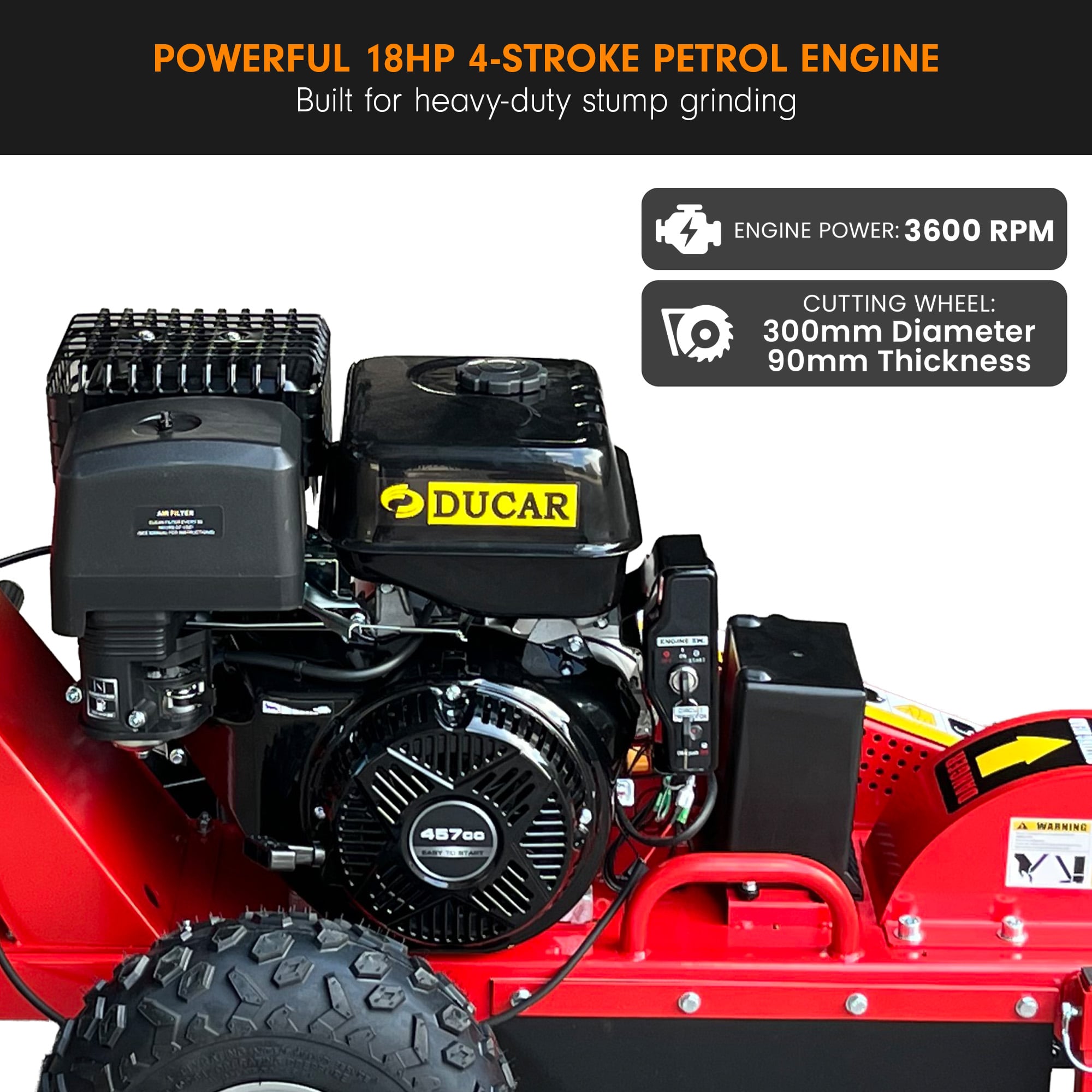 Ducar Stump Grinder 457cc 18HP Petrol Engine with Key Start & Tungsten Carbide Teeth