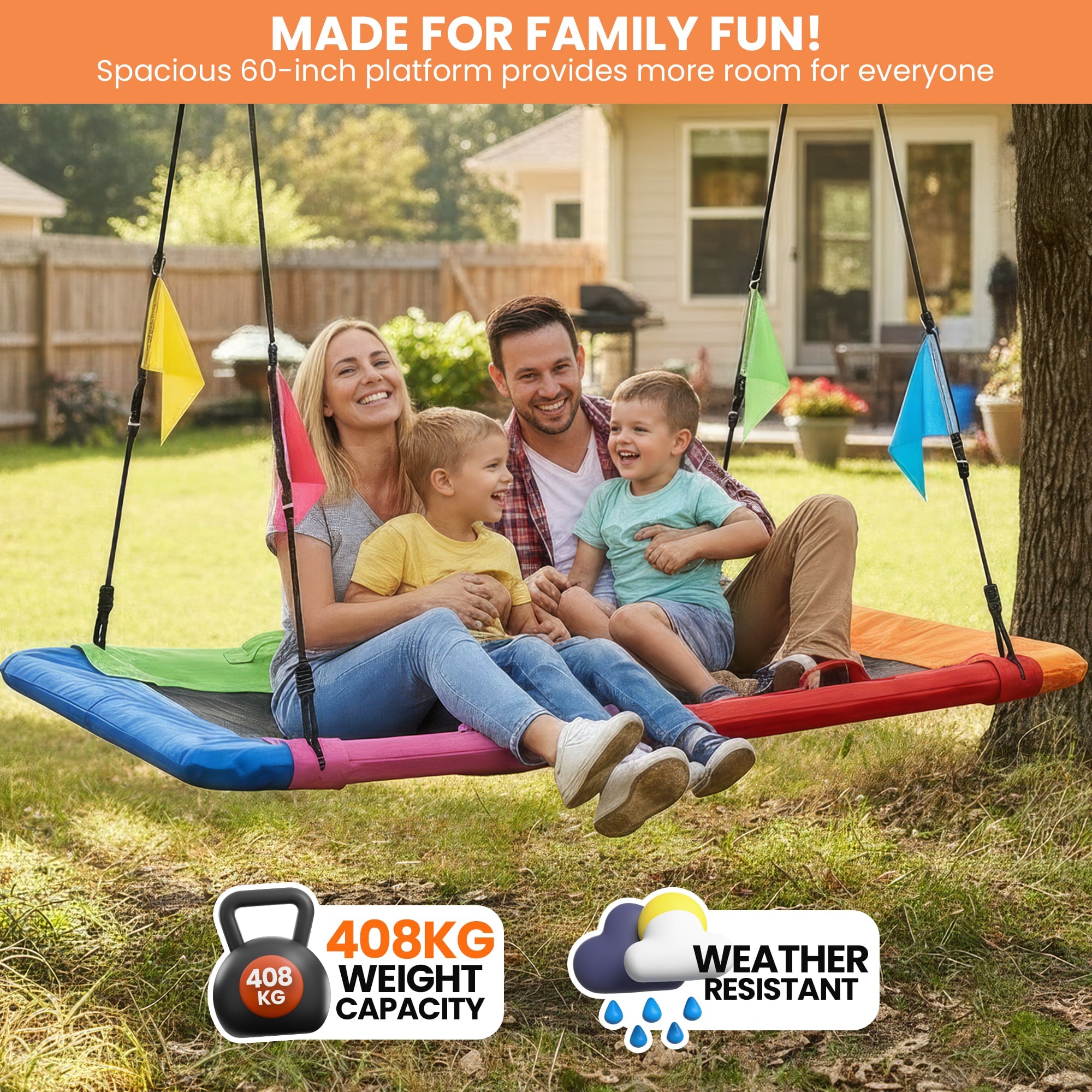 Kahuna Heavy Duty 60 Inch Rectangular Tree Swing With Adjustable 180cm Lifting Ropes Foam Padded Tubes And Full Accessory Kit For Backyard Family Use