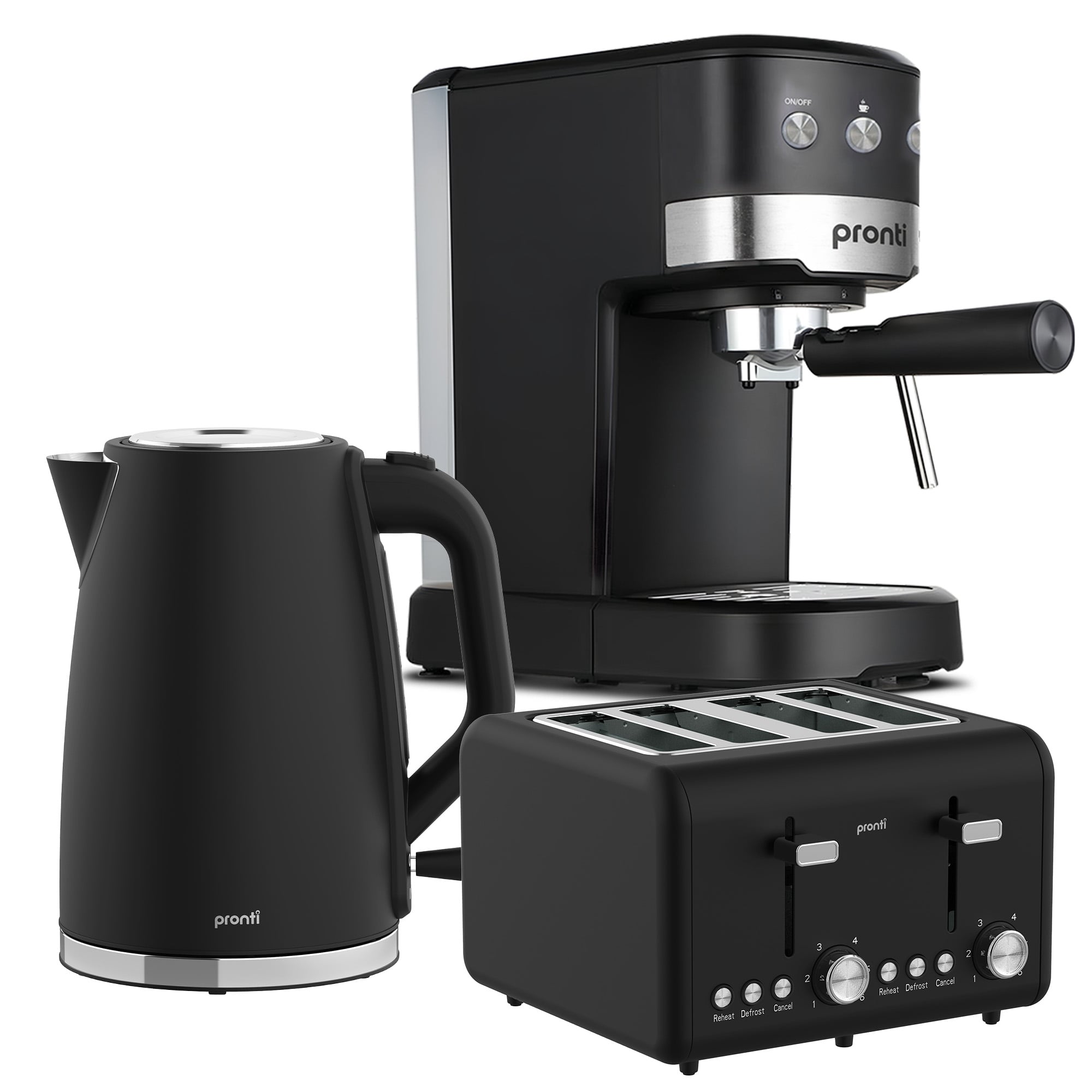 Kettles: Pronti Breakfast Set with 1.25L Coffee Machine, Silver Noir Toaster & Kettle