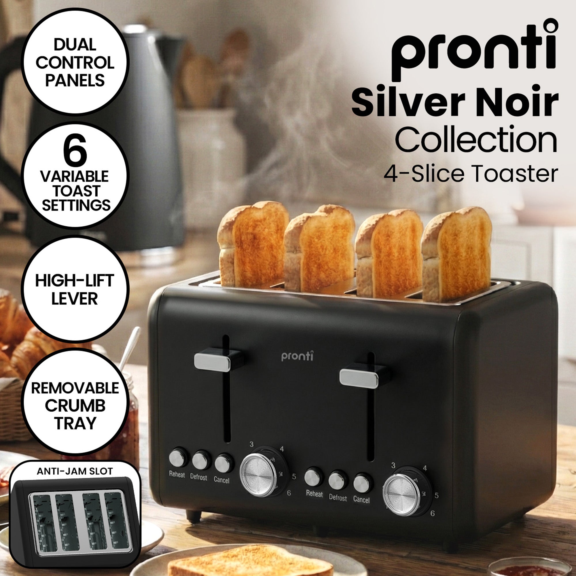 Kettles: Pronti Breakfast Set with 1.25L Coffee Machine, Silver Noir Toaster & Kettle