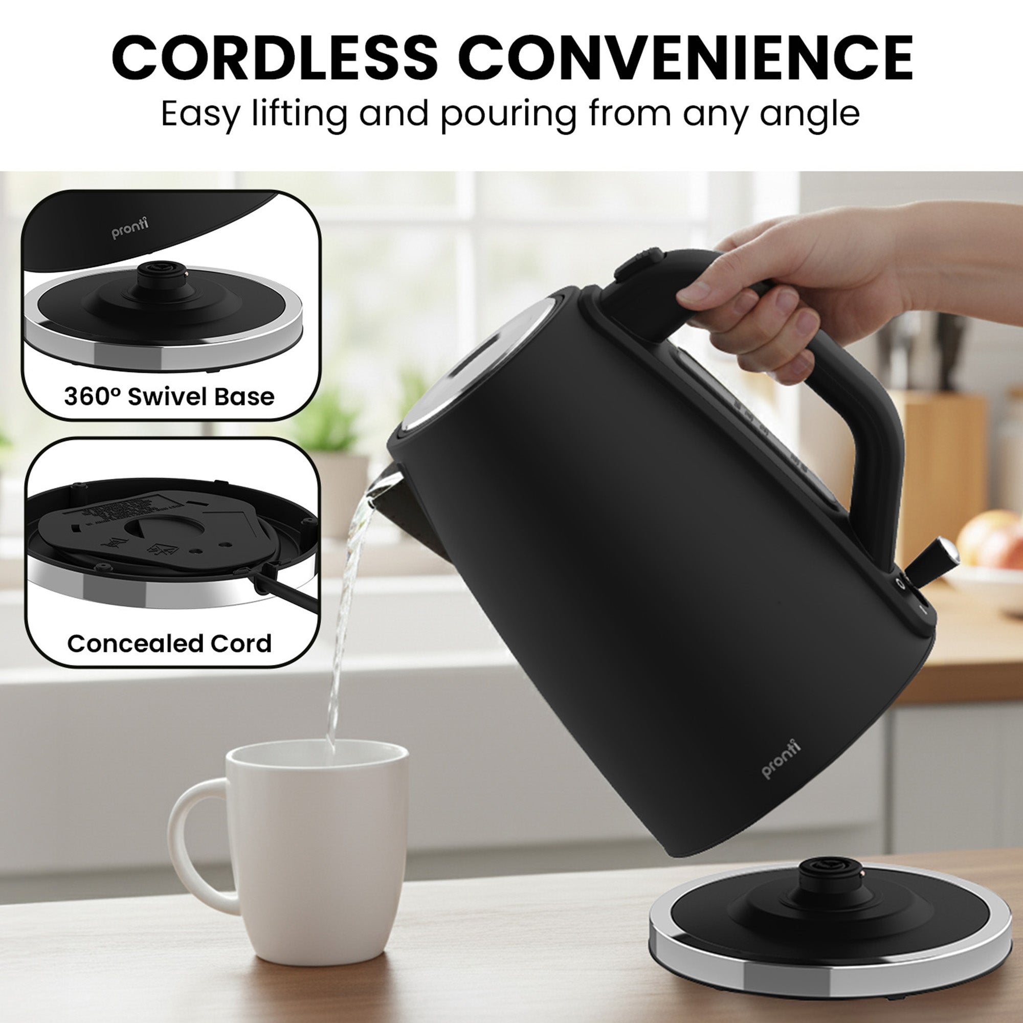 Kettles: Pronti Breakfast Set with 1.25L Coffee Machine, Silver Noir Toaster & Kettle
