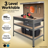Work Benches: Kartrite 3-layered Work Bench Garage Storage Table Tool Shop Shelf Silver