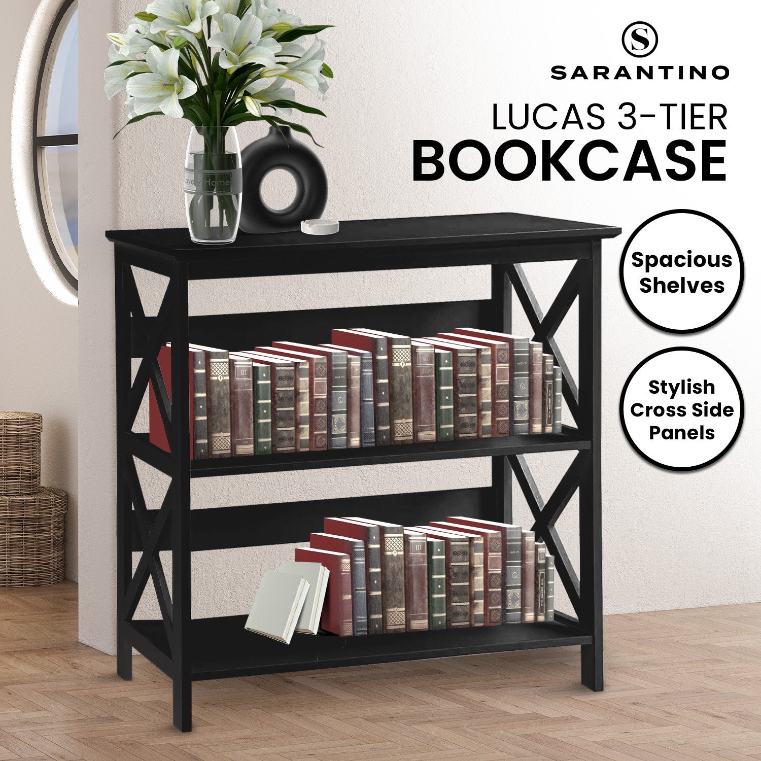 Bookcases & Shelves: Sarantino Lucas 3-Tier Bookshelf Display Rack in Black