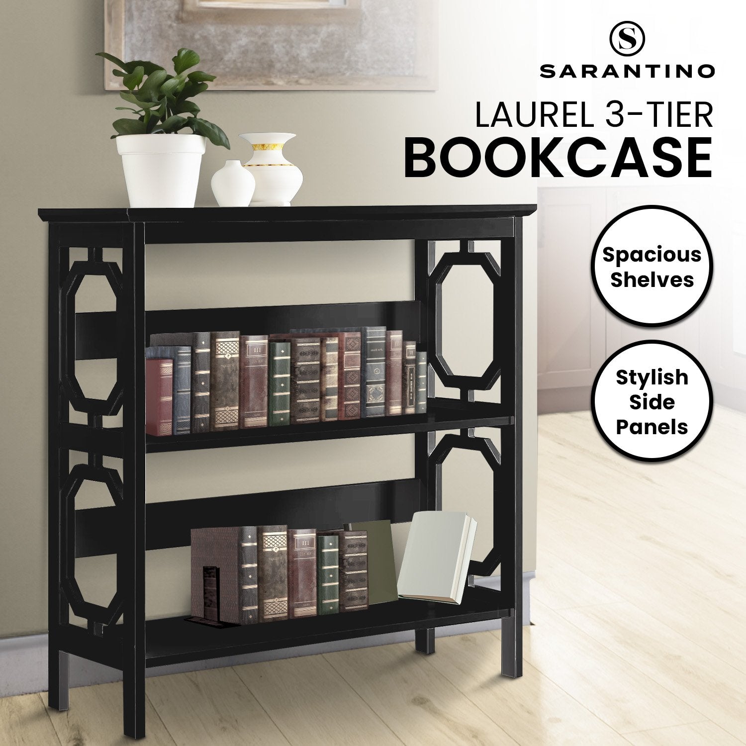 Bookcases & Shelves: Sarantino Laurel 3-Tier Bookshelf Display Rack in Black