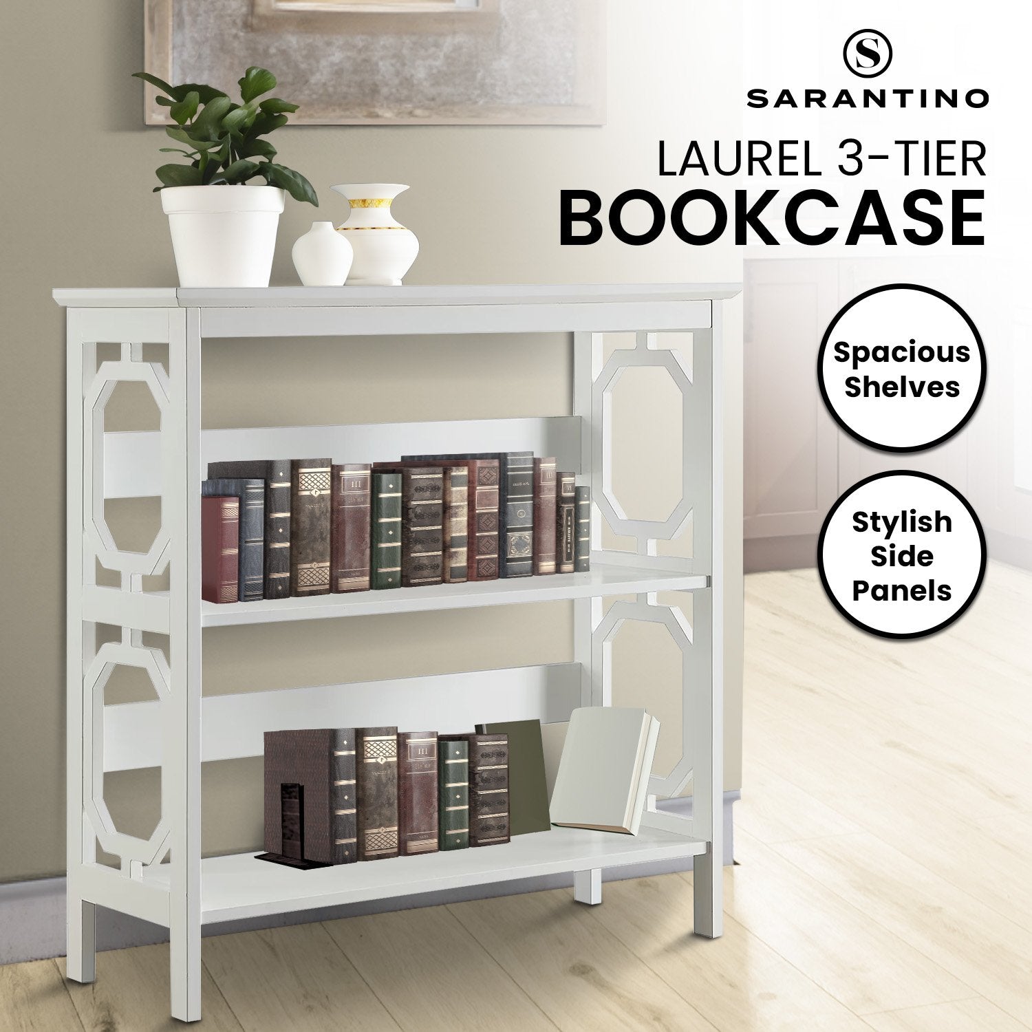 Bookcases & Shelves: Sarantino Laurel 3-Tier Bookshelf Display Rack in White