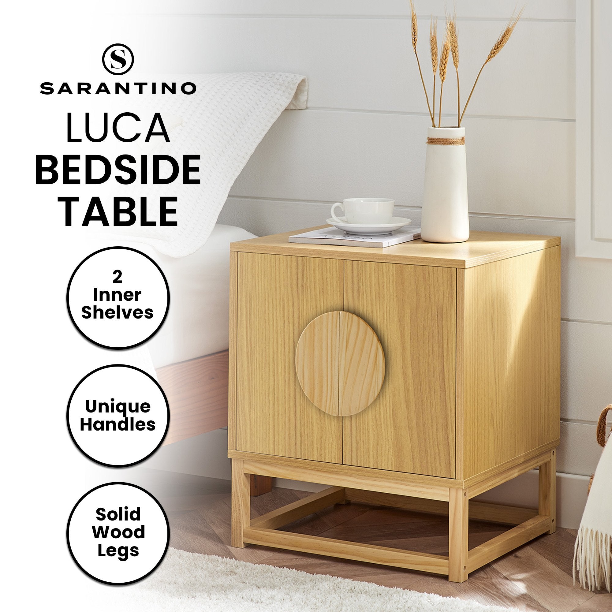 Arm Chairs & Recliners: Sarantino Luca Bedside Table Split Door Night Stand - Natural