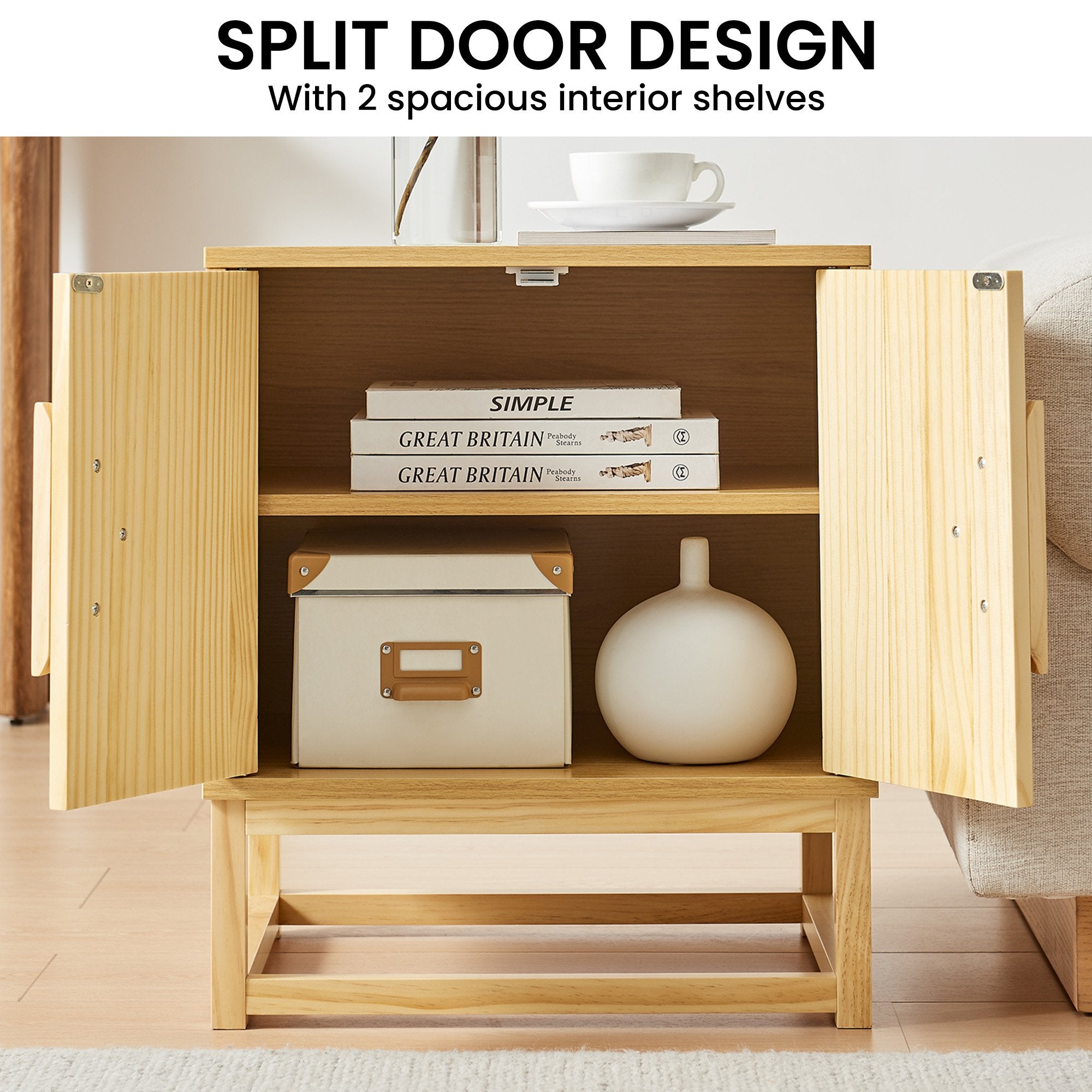Arm Chairs & Recliners: Sarantino Luca Bedside Table Split Door Night Stand - Natural