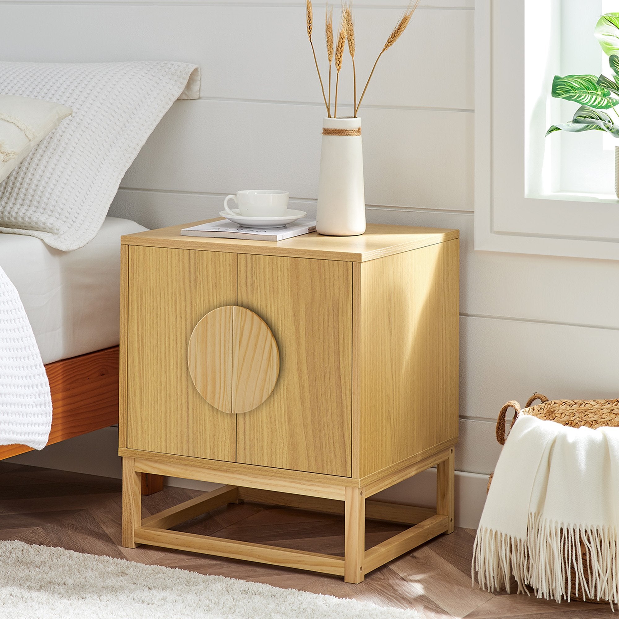 Arm Chairs & Recliners: Sarantino Luca Bedside Table Split Door Night Stand - Natural