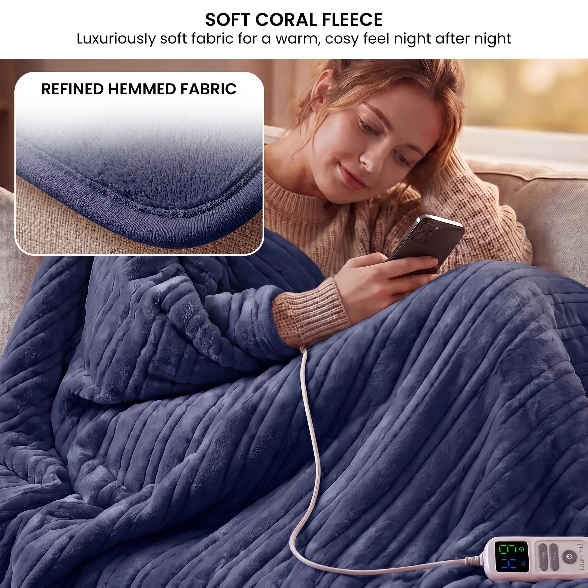 Laura Hill XL Electric Heated Blanket Throw Soft Coral Fleece with 10 Heat Settings - Blue